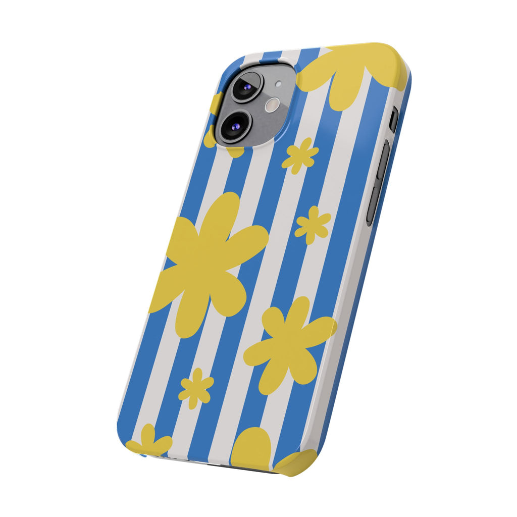 Retro Blue Stripes with Yellow Flower Pattern
