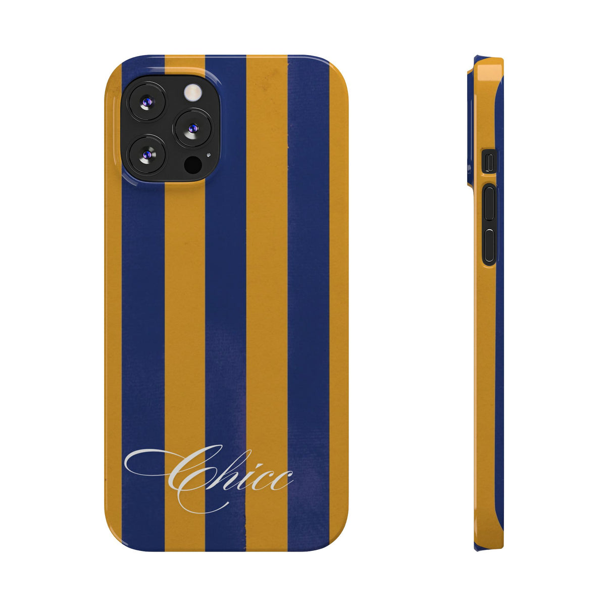 Striped Navy & Gold Slim Phone Case — "Chicc" Script Accent