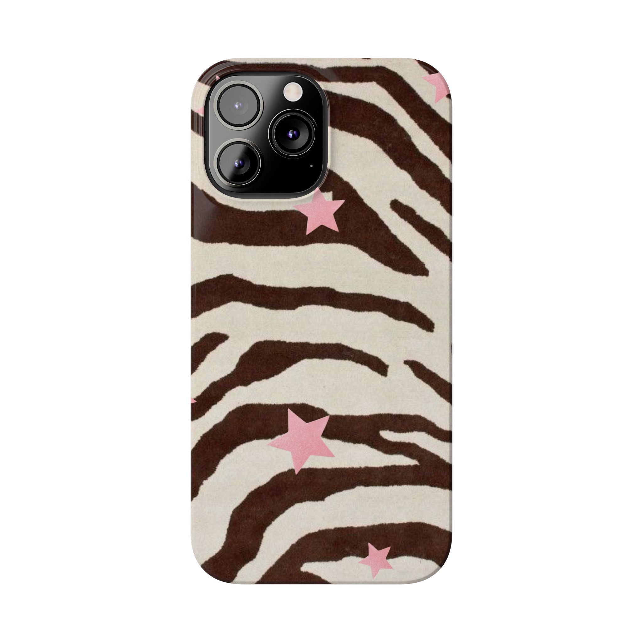 Zebra Stripe Slim Phone Case with Pink Stars – Trendy Animal Print Protector