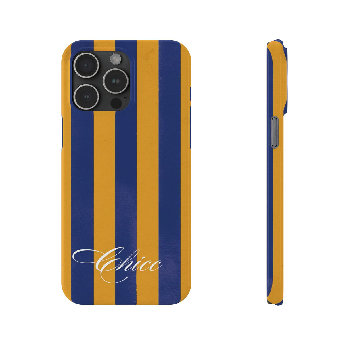 Striped Navy & Gold Slim Phone Case — "Chicc" Script Accent