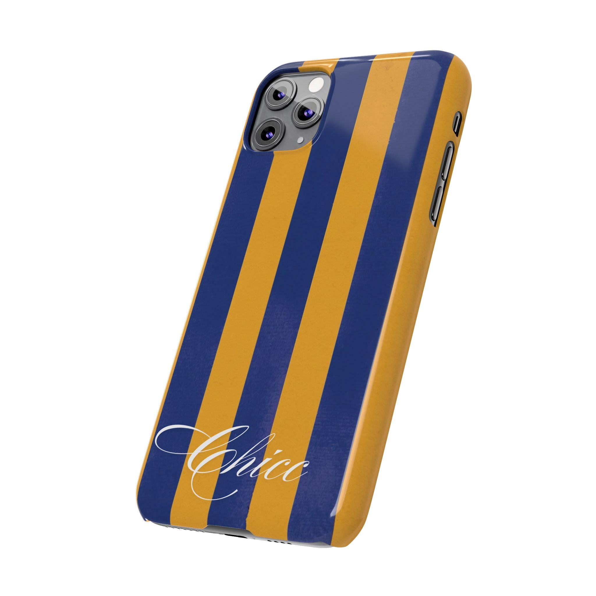 Striped Navy & Gold Slim Phone Case — "Chicc" Script Accent