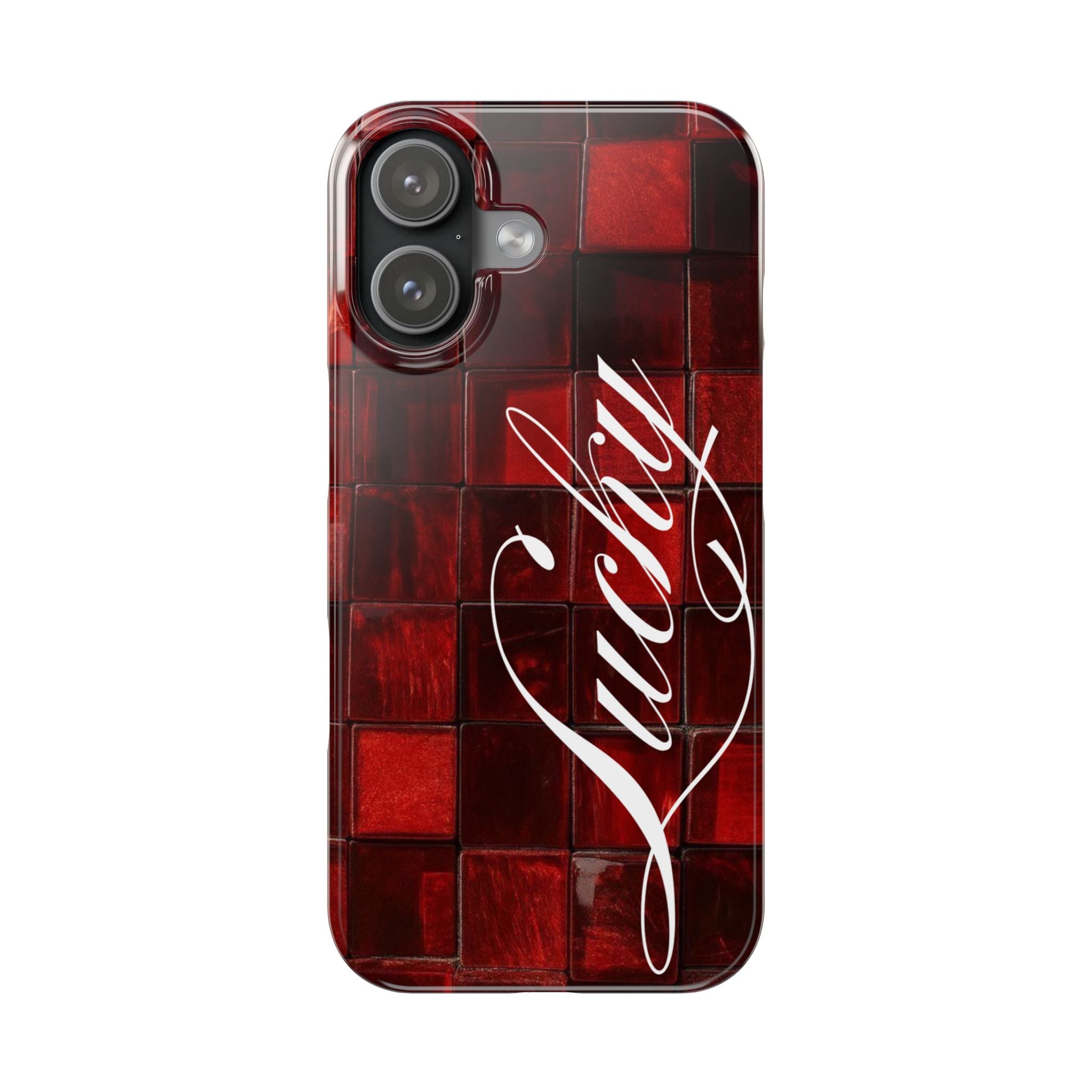 Red Mosaic 'Lucky' Slim Phone Case — Stylish Script Protective Cover