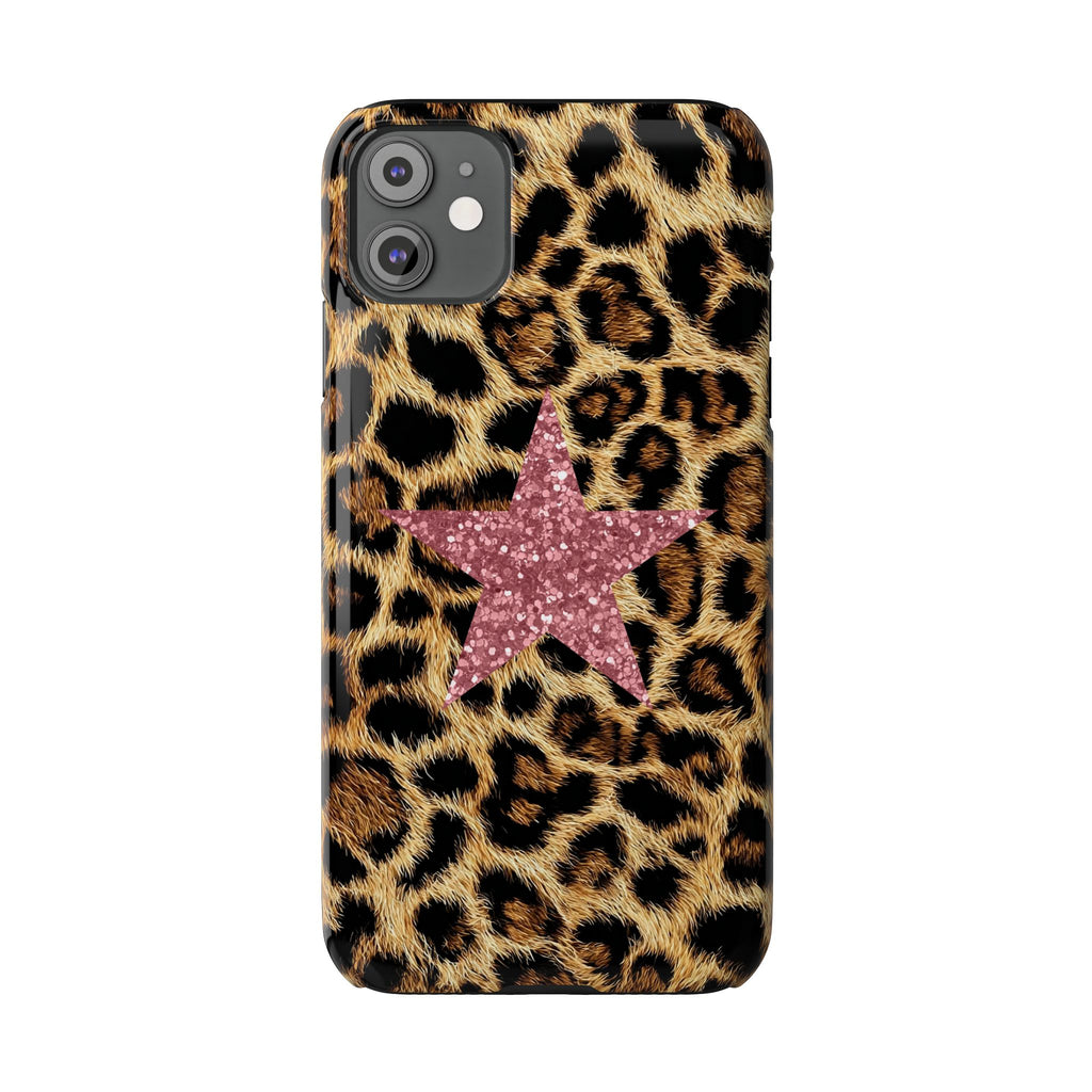Leopard Print Slim Phone Case with Pink Glitter Star — Chic Animal Print Protective Cover