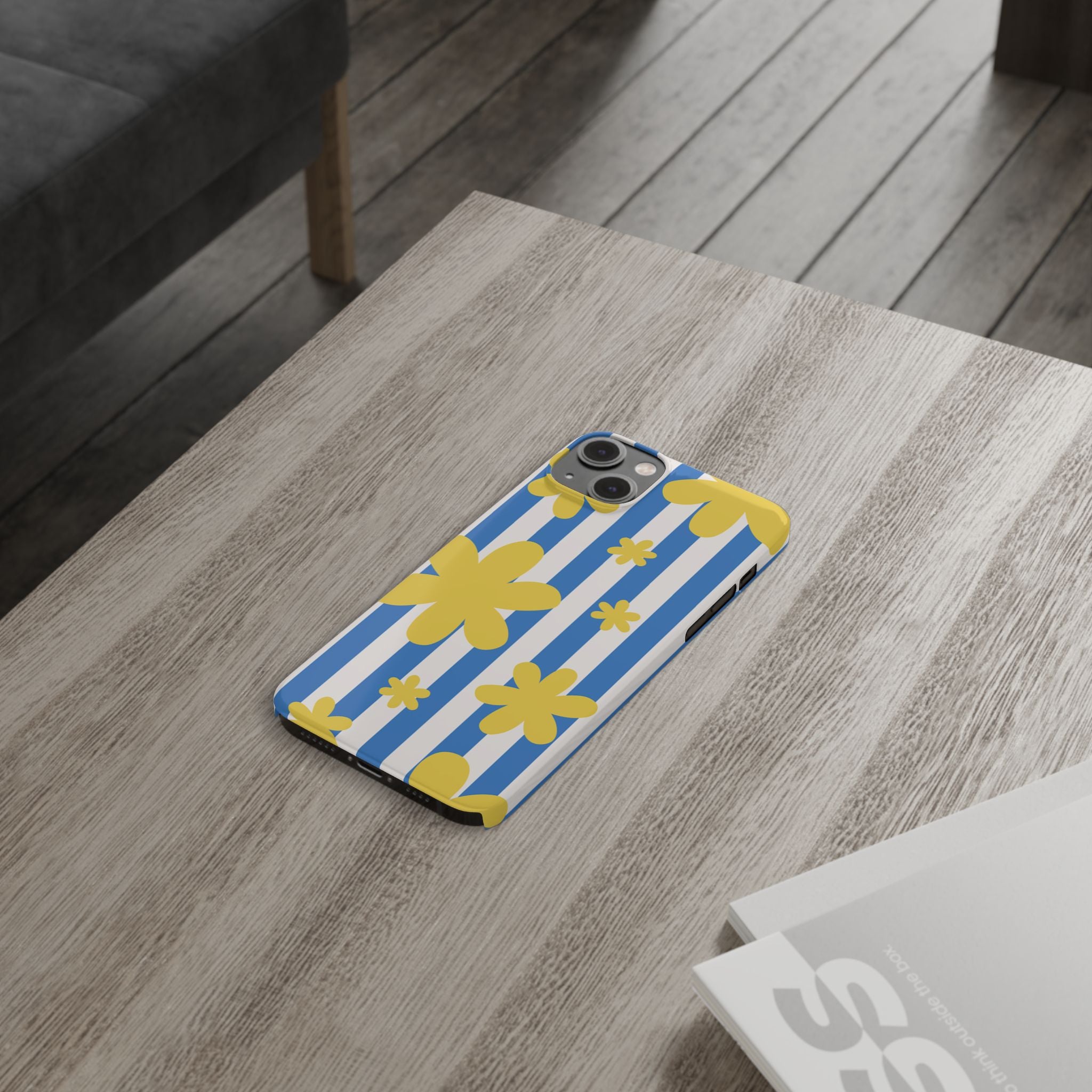 Retro Blue Stripes with Yellow Flower Pattern
