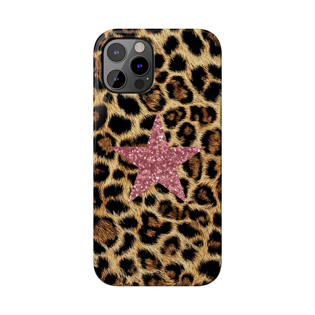 Leopard Print Slim Phone Case with Pink Glitter Star — Chic Animal Print Protective Cover