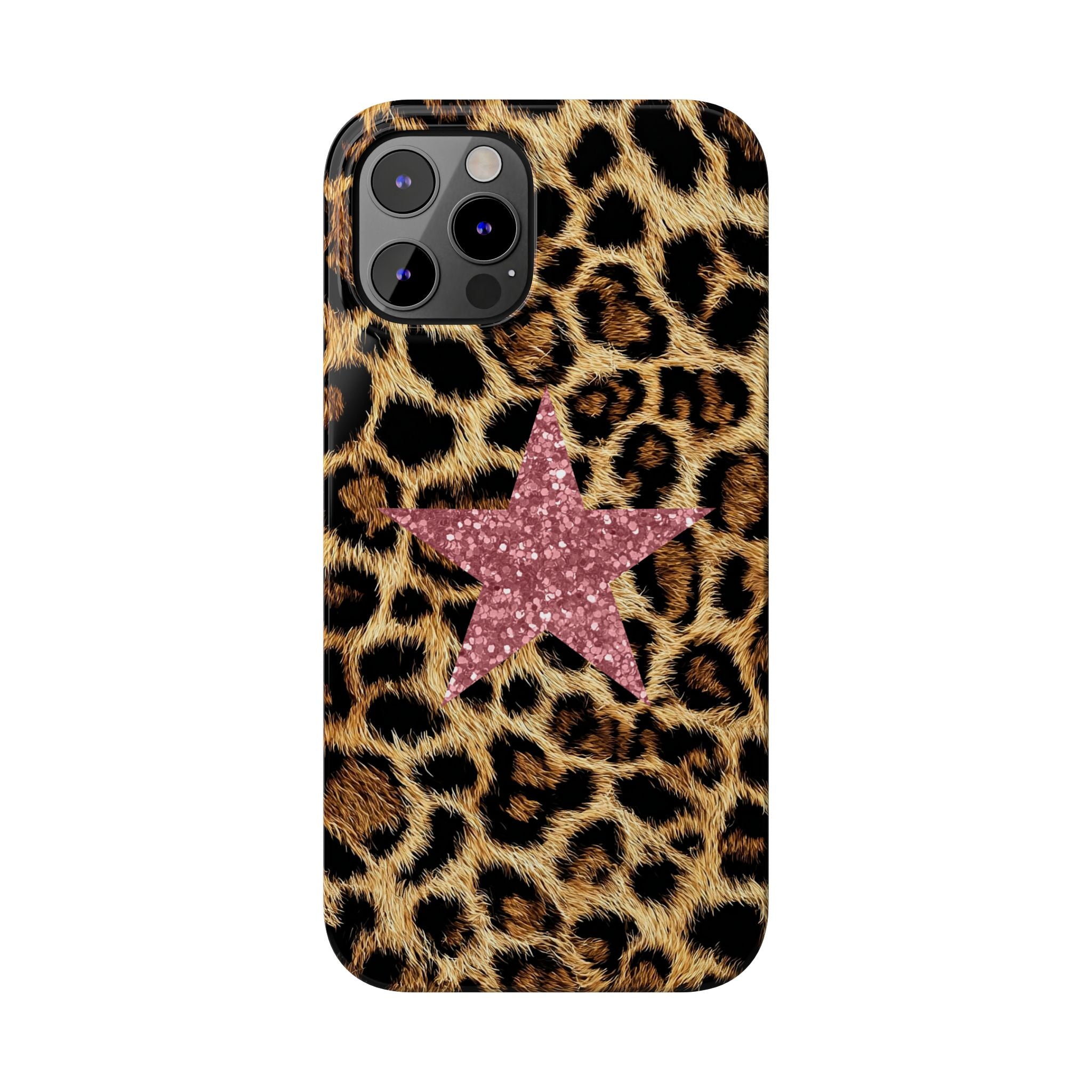 Leopard Print Slim Phone Case with Pink Glitter Star — Chic Animal Print Protective Cover