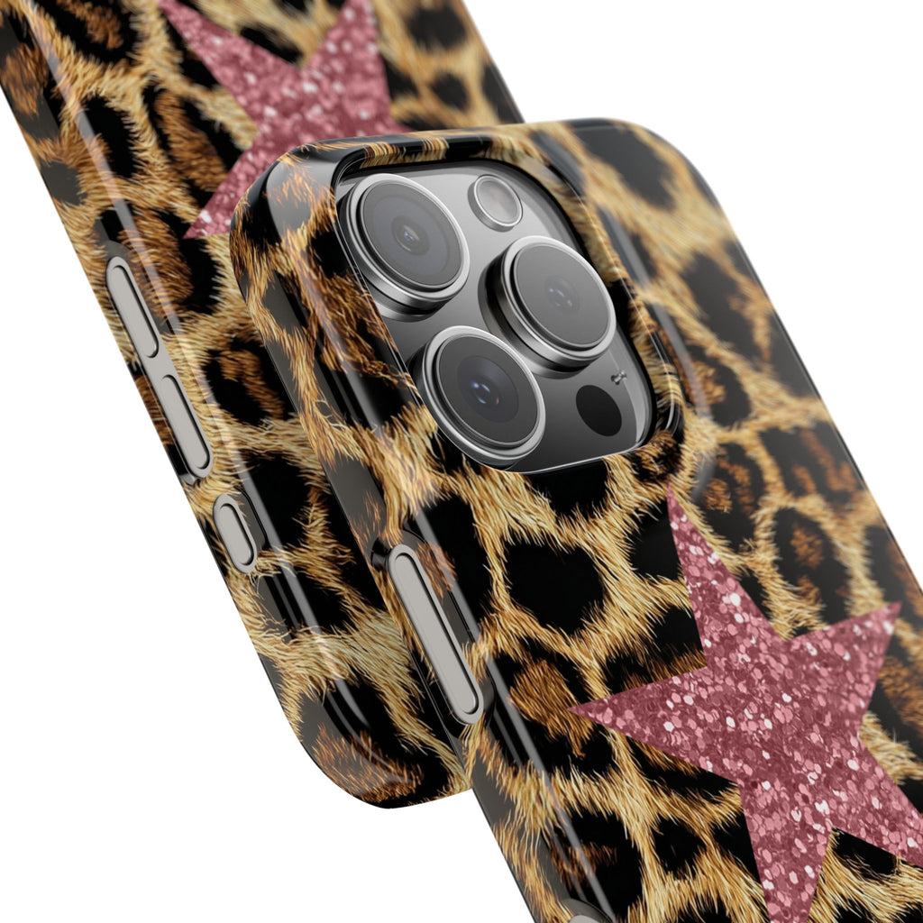 Leopard Print Slim Phone Case with Pink Glitter Star — Chic Animal Print Protective Cover