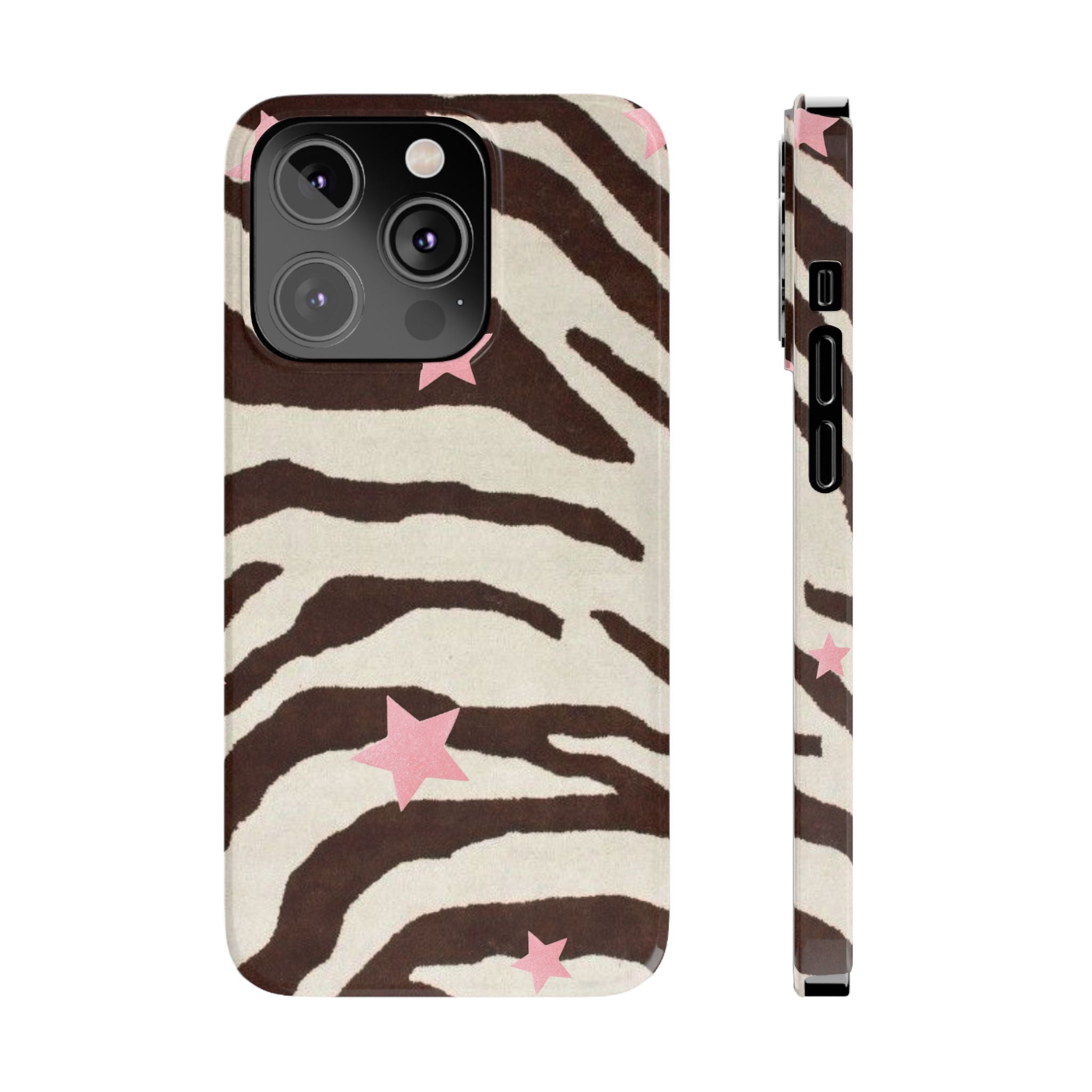 Zebra Stripe Slim Phone Case with Pink Stars – Trendy Animal Print Protector