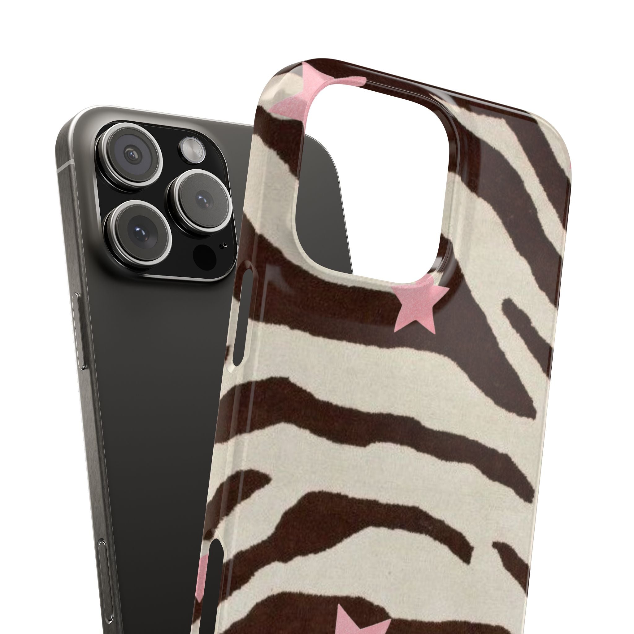 Zebra Stripe Slim Phone Case with Pink Stars – Trendy Animal Print Protector