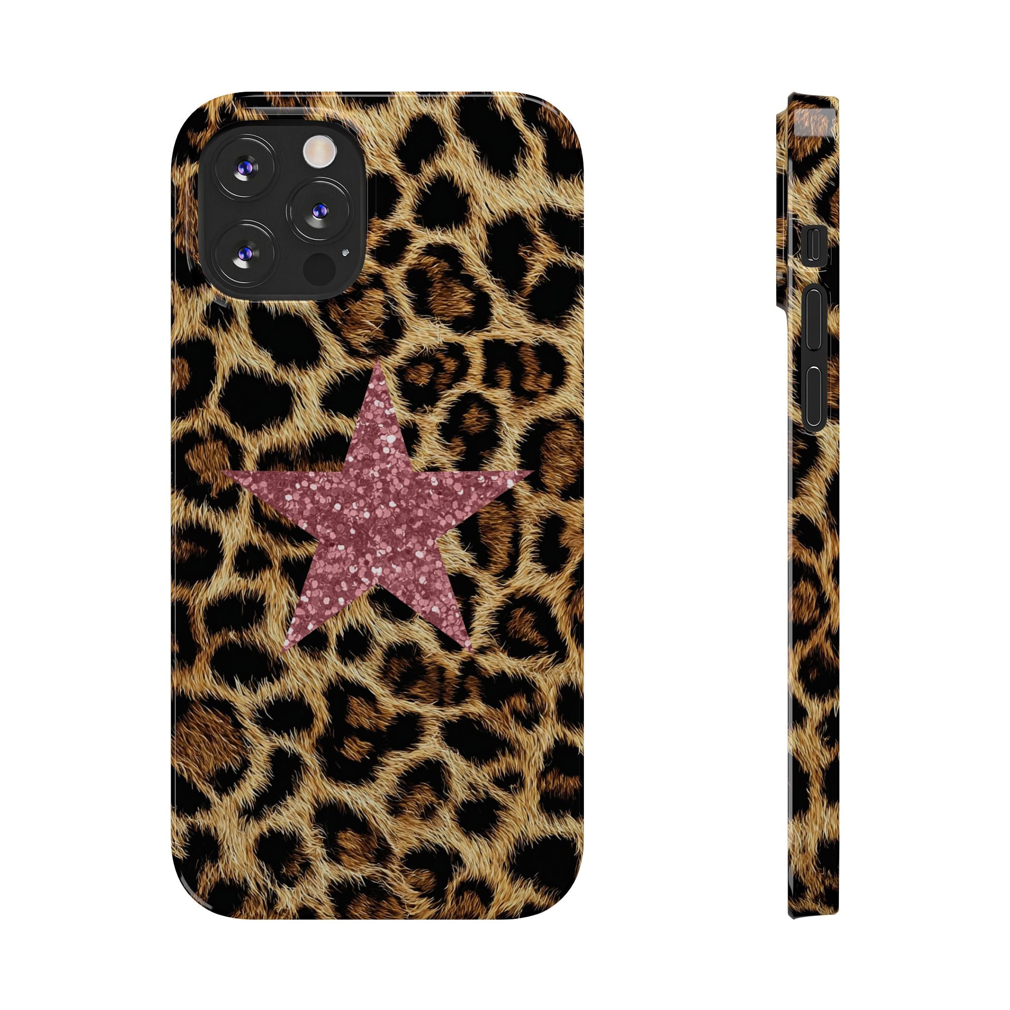Leopard Print Slim Phone Case with Pink Glitter Star — Chic Animal Print Protective Cover
