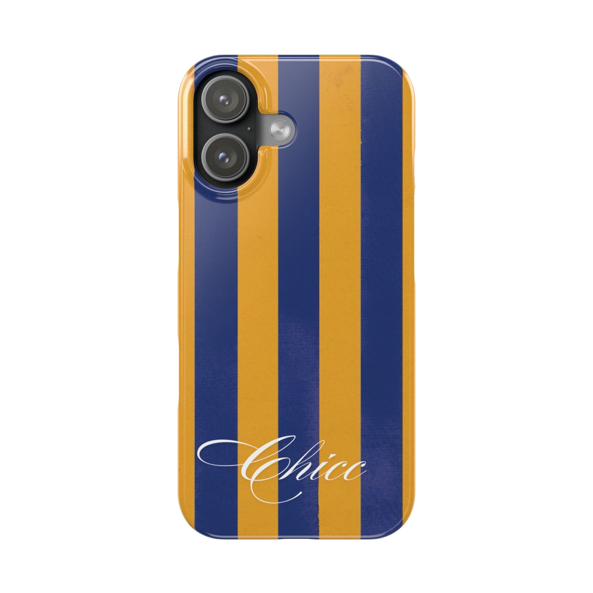 Striped Navy & Gold Slim Phone Case — "Chicc" Script Accent