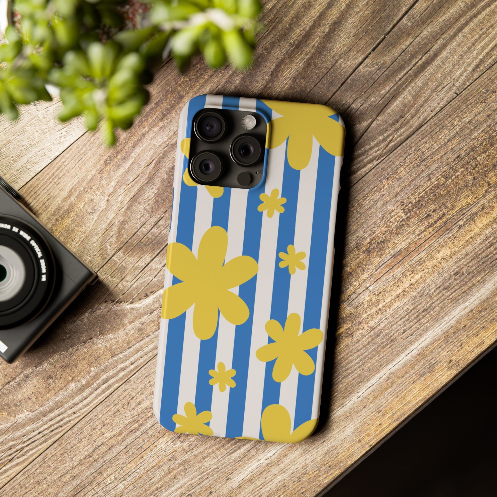Retro Blue Stripes with Yellow Flower Pattern