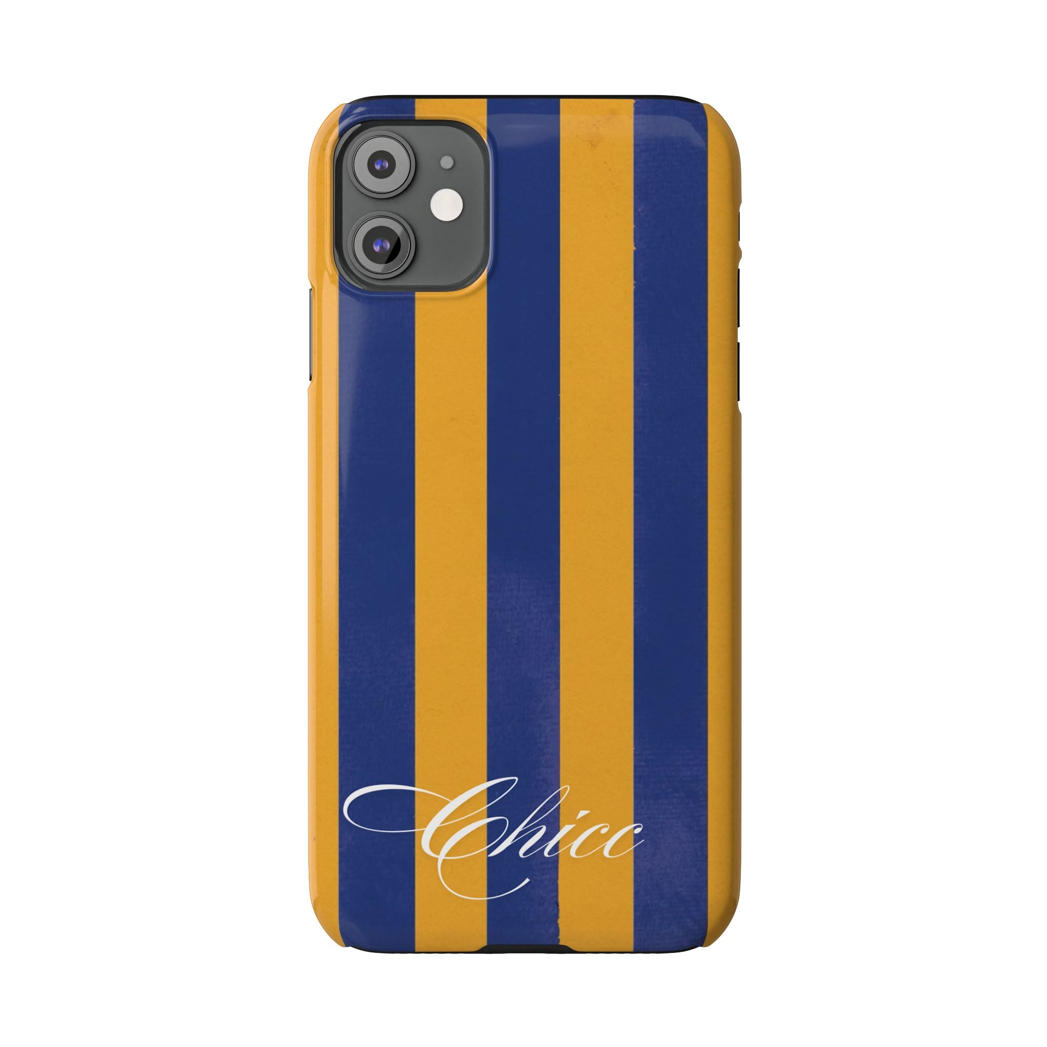 Striped Navy & Gold Slim Phone Case — "Chicc" Script Accent