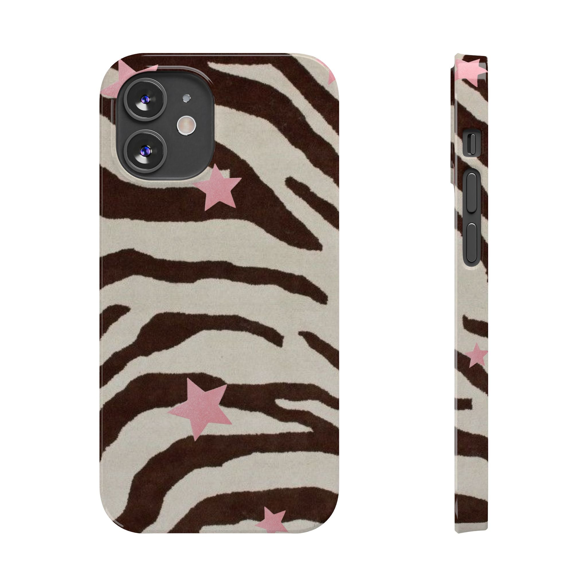 Zebra Stripe Slim Phone Case with Pink Stars – Trendy Animal Print Protector