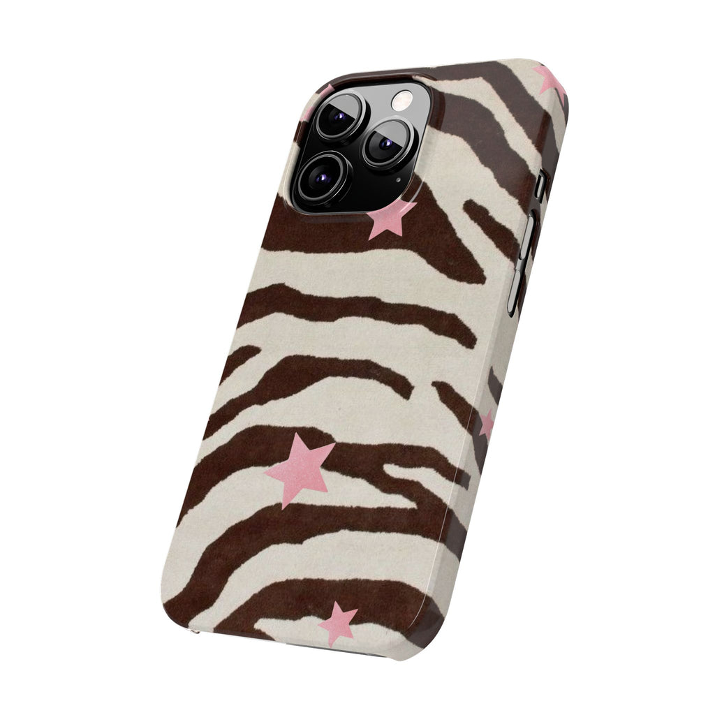 Zebra Stripe Slim Phone Case with Pink Stars – Trendy Animal Print Protector