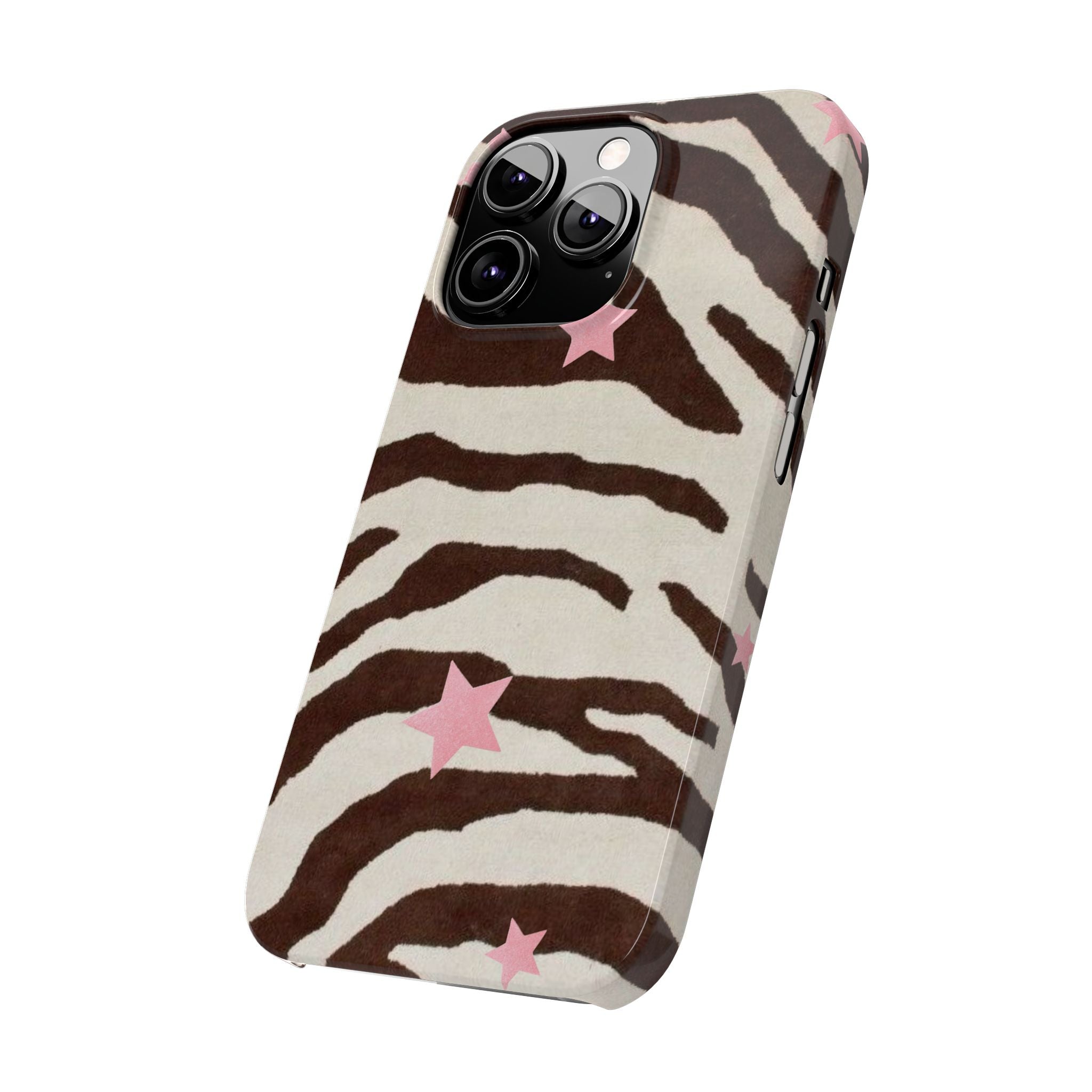 Zebra Stripe Slim Phone Case with Pink Stars – Trendy Animal Print Protector