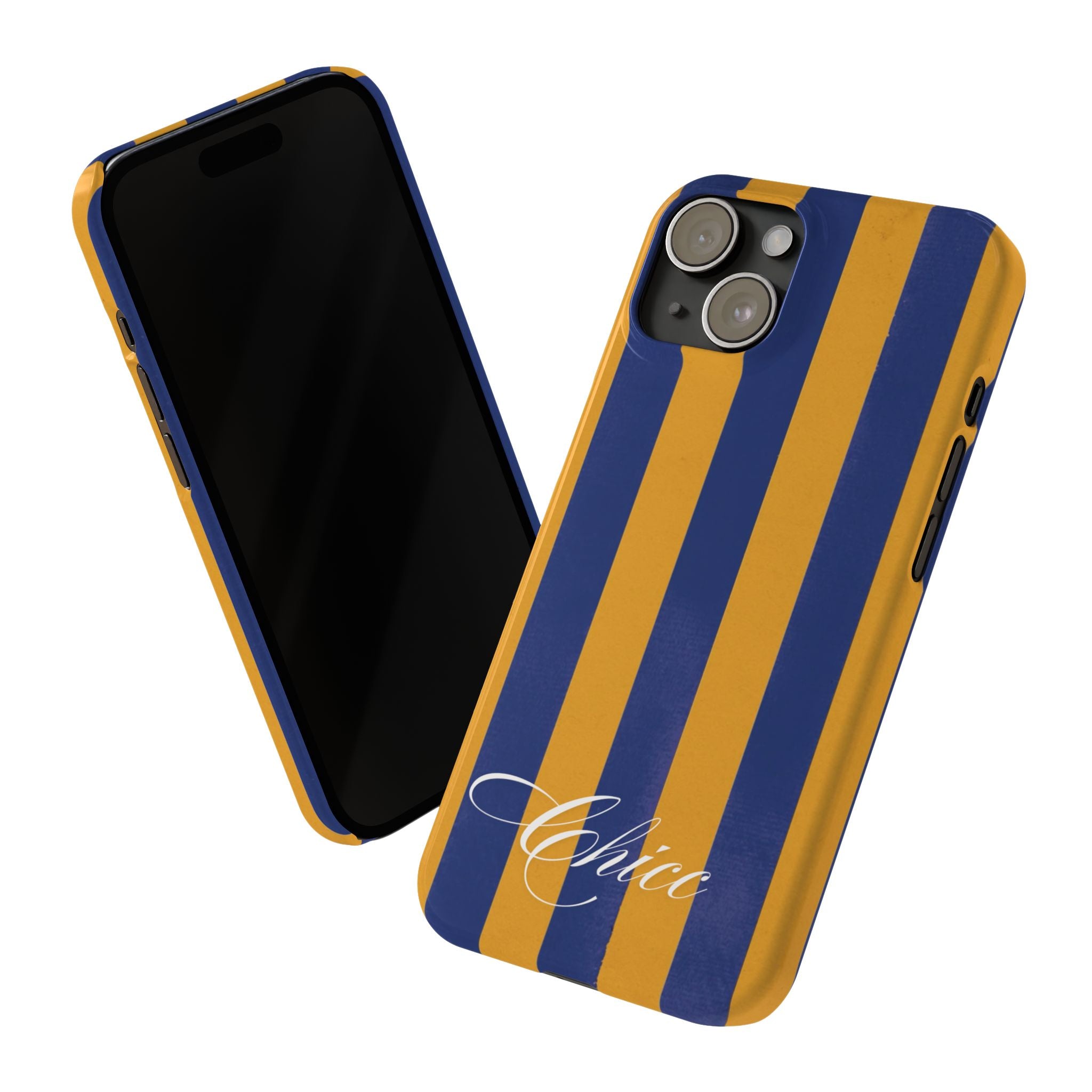Striped Navy & Gold Slim Phone Case — "Chicc" Script Accent