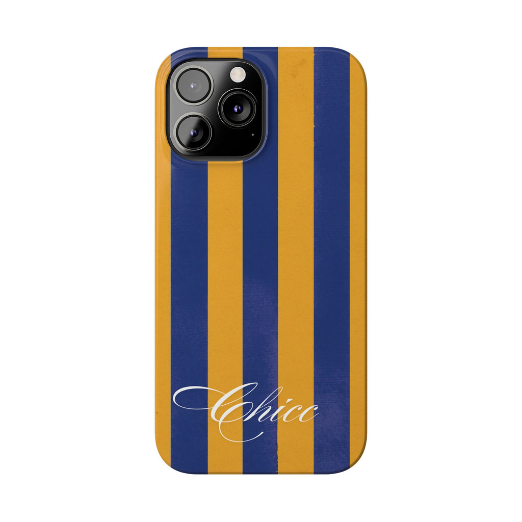 Striped Navy & Gold Slim Phone Case — "Chicc" Script Accent