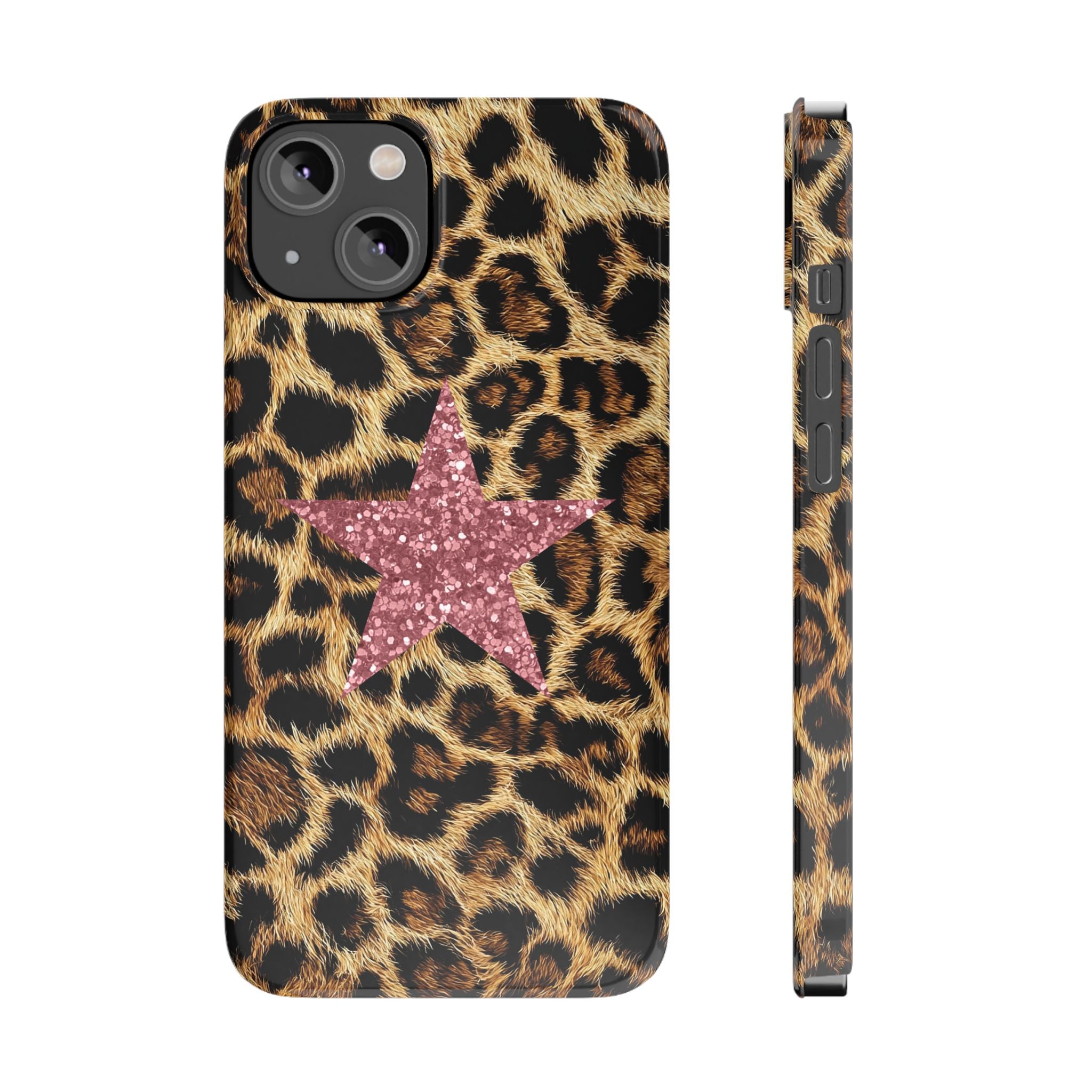 Leopard Print Slim Phone Case with Pink Glitter Star — Chic Animal Print Protective Cover