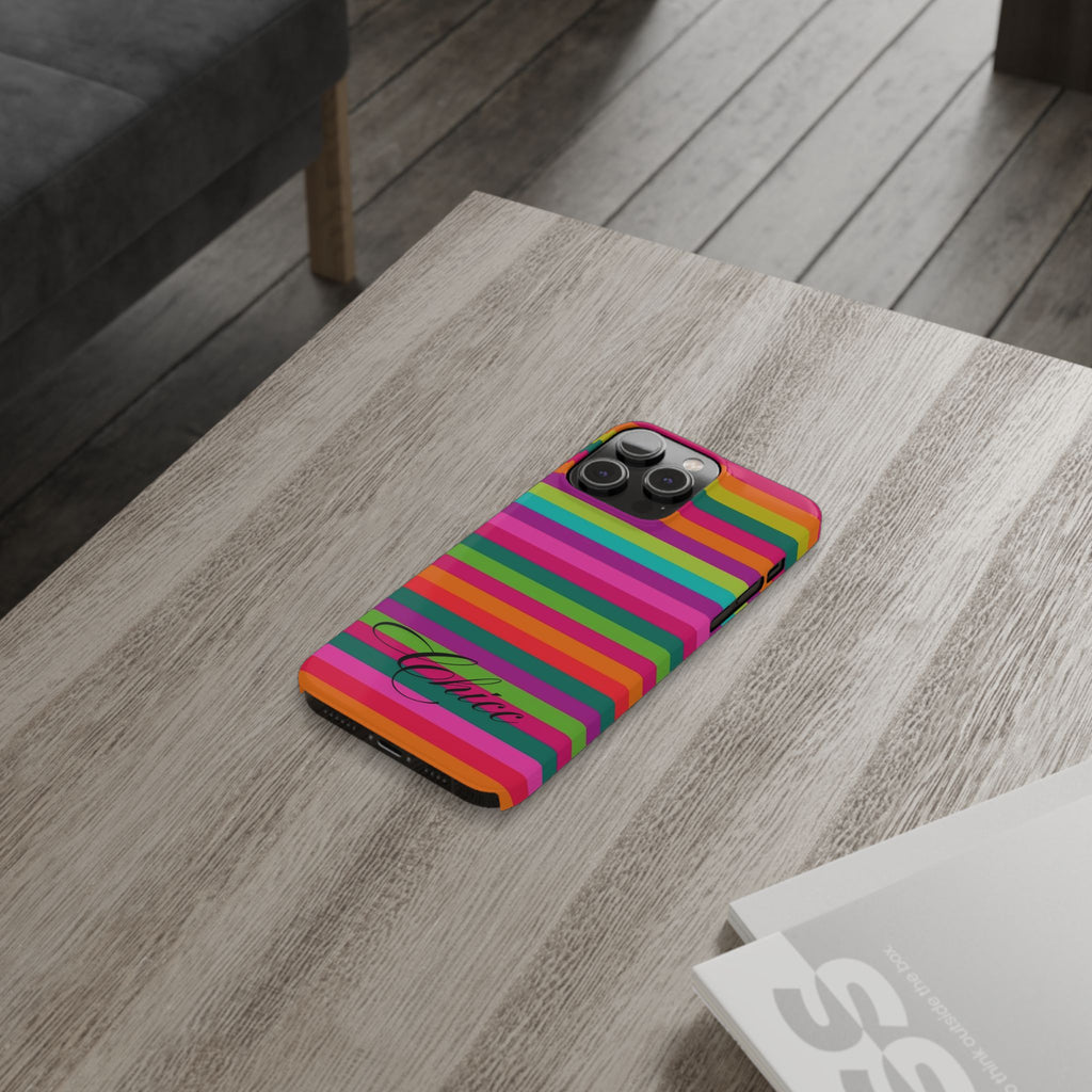 Chic Stripes Slim Phone Case — Colorful Rainbow Stripe Monogram Phone Cover