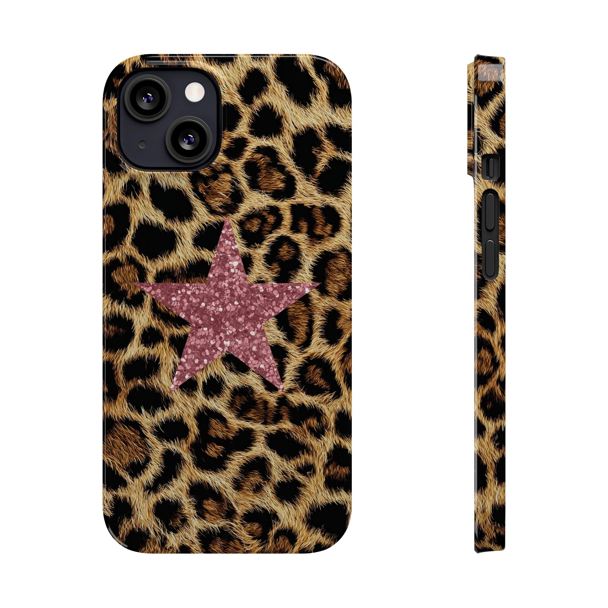 Leopard Print Slim Phone Case with Pink Glitter Star — Chic Animal Print Protective Cover