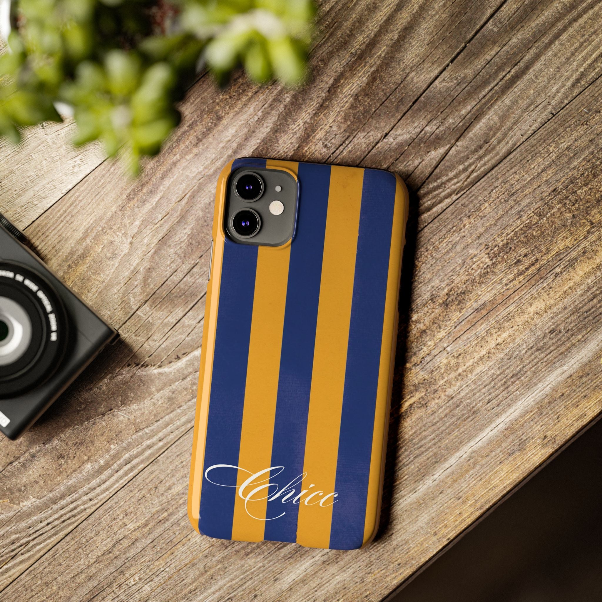 Striped Navy & Gold Slim Phone Case — "Chicc" Script Accent