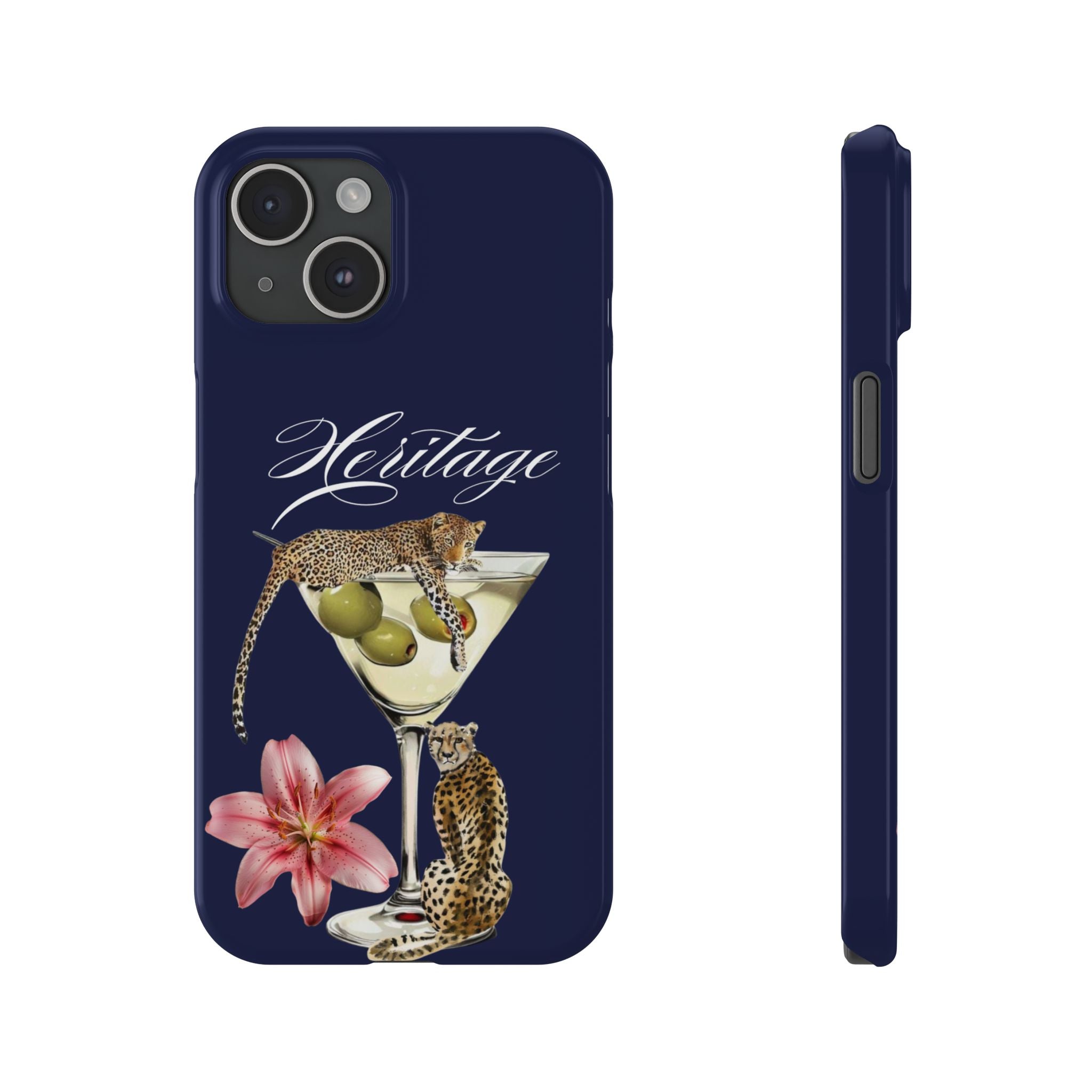 Heritage Cheetah Martini Slim Phone Case — Floral Cocktail Design