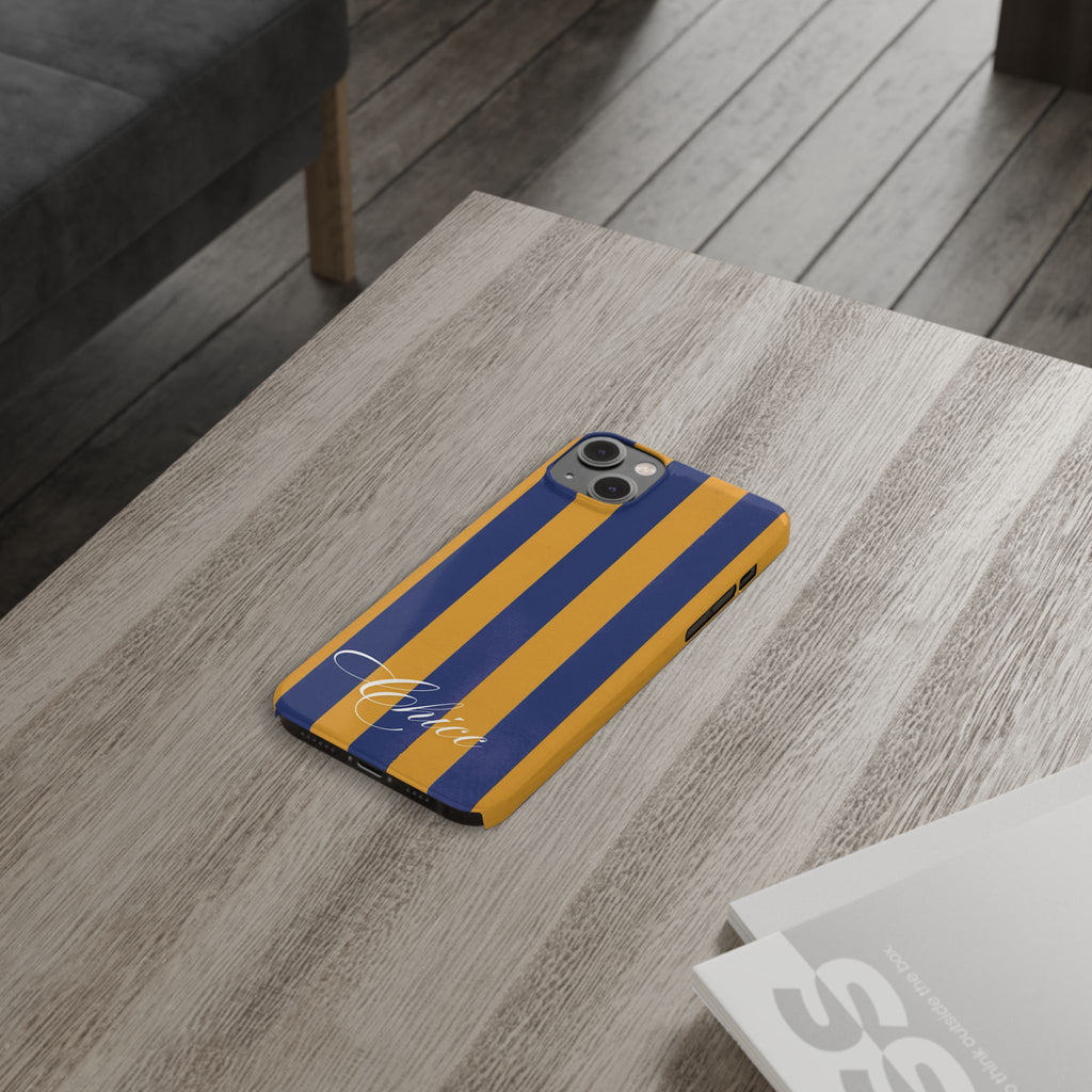 Striped Navy & Gold Slim Phone Case — "Chicc" Script Accent