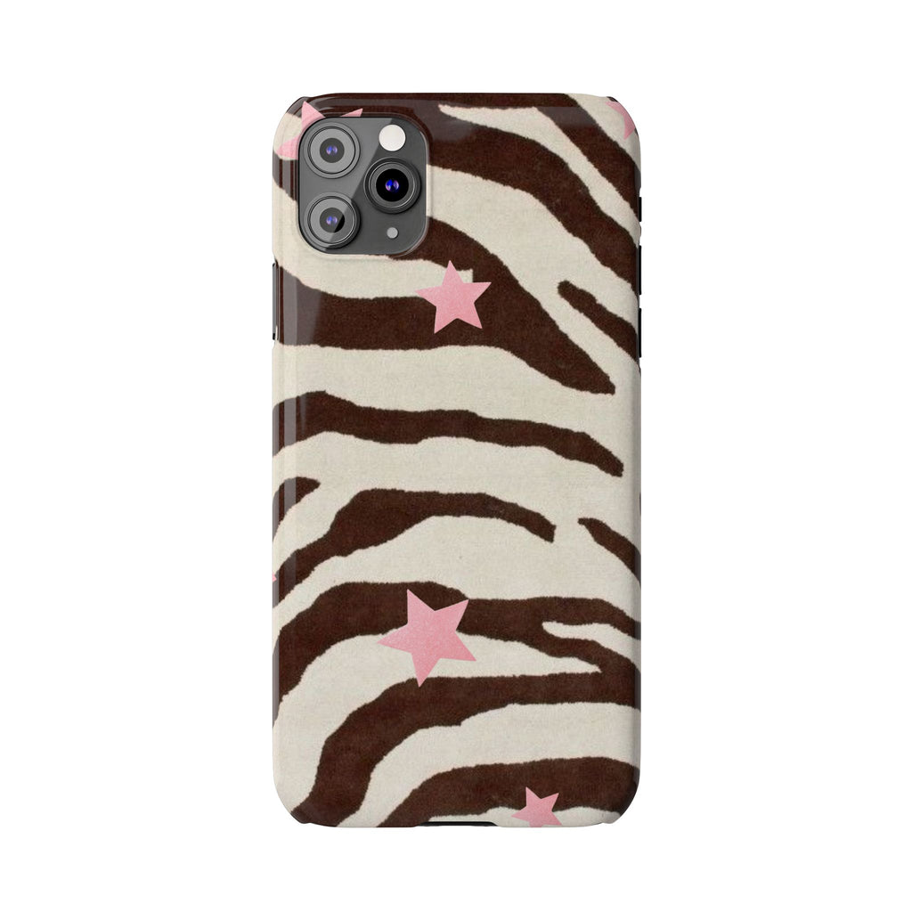 Zebra Stripe Slim Phone Case with Pink Stars – Trendy Animal Print Protector