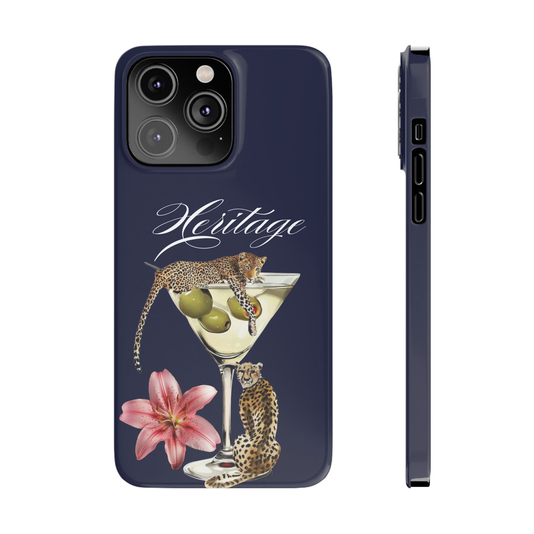 Heritage Cheetah Martini Slim Phone Case — Floral Cocktail Design