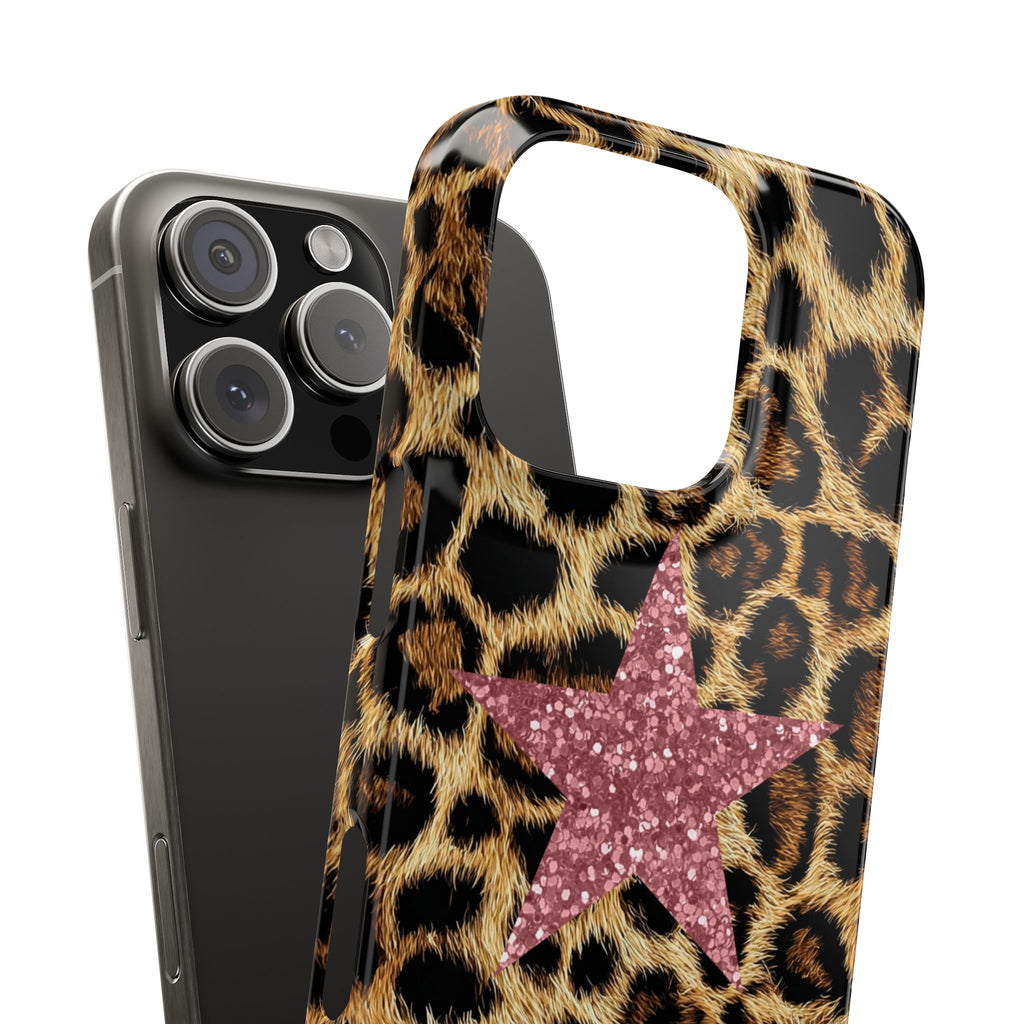 Leopard Print Slim Phone Case with Pink Glitter Star — Chic Animal Print Protective Cover