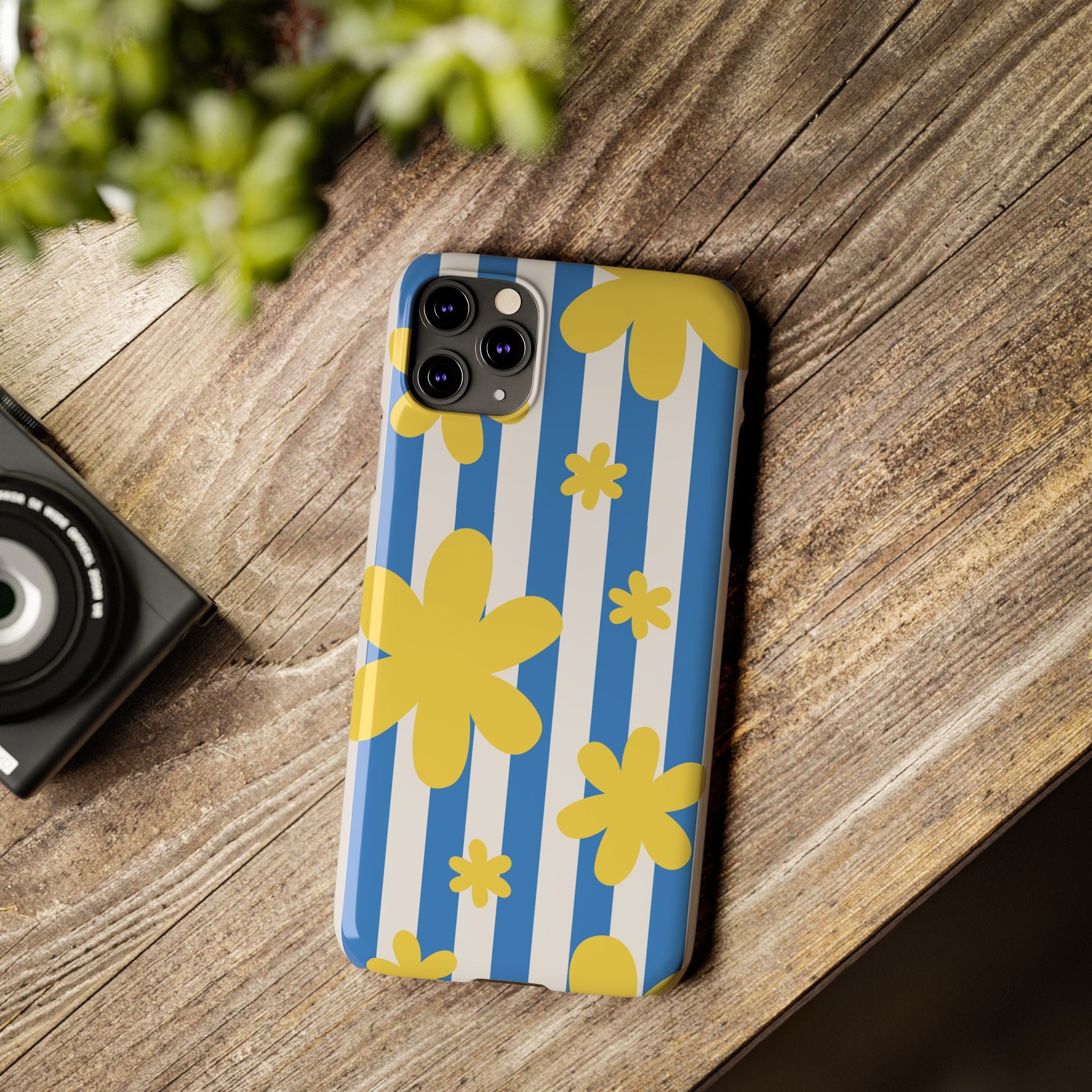 Retro Blue Stripes with Yellow Flower Pattern