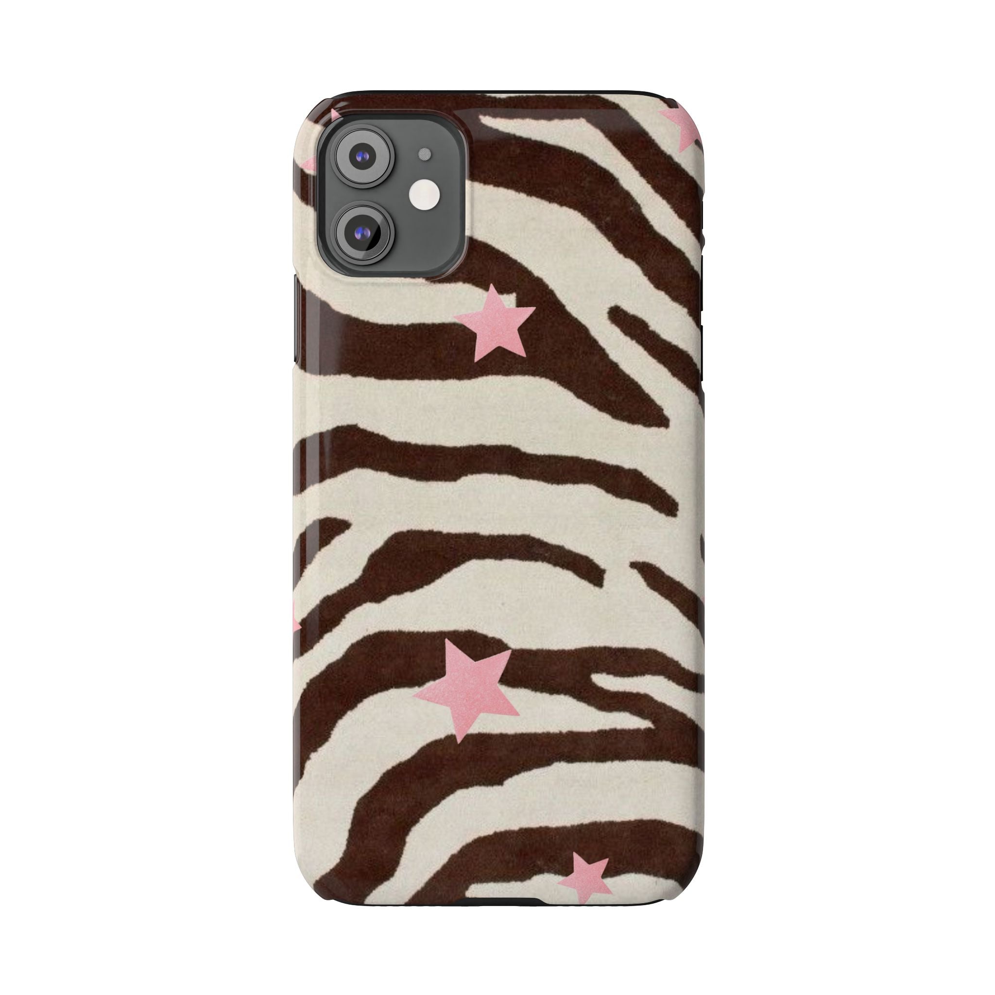 Zebra Stripe Slim Phone Case with Pink Stars – Trendy Animal Print Protector