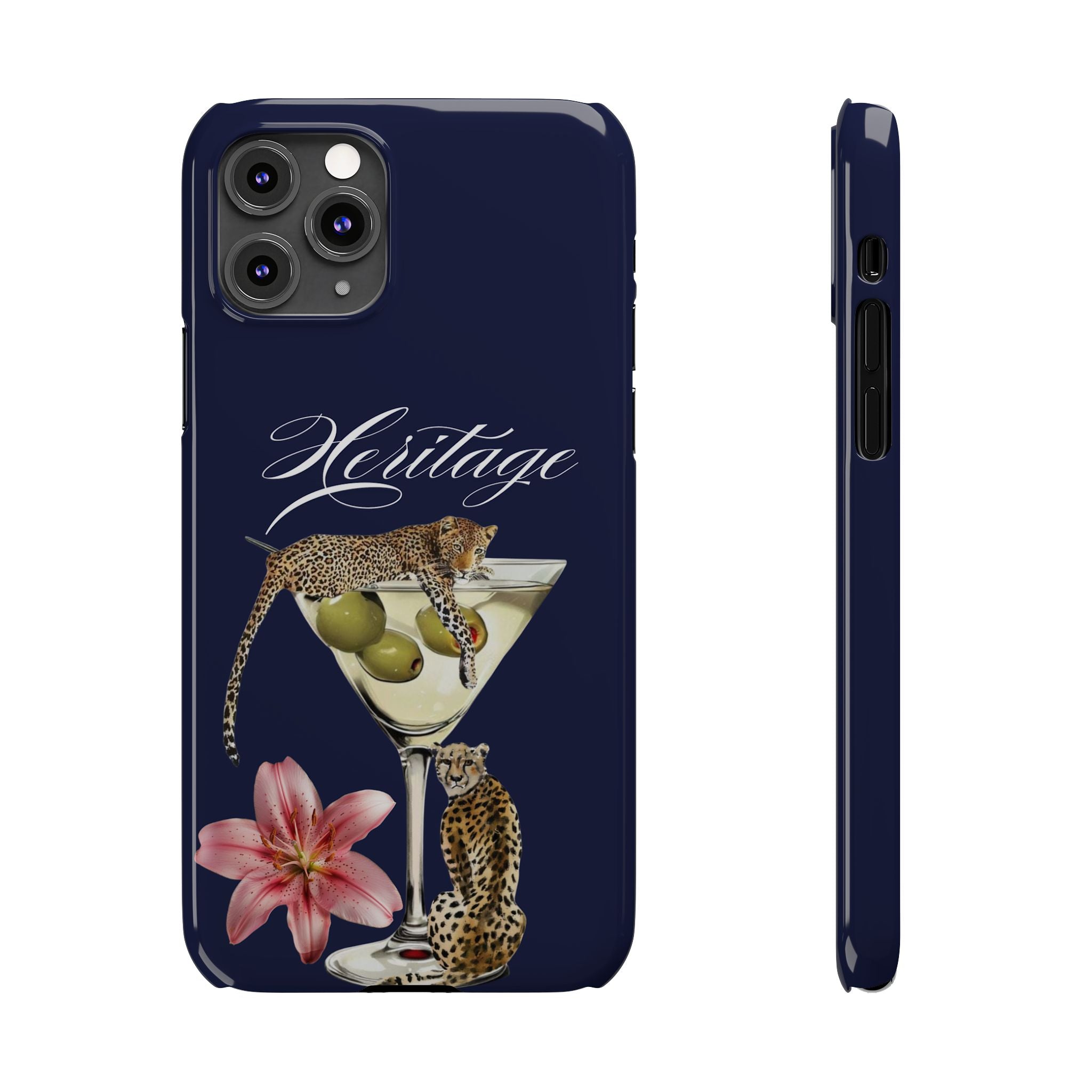 Heritage Cheetah Martini Slim Phone Case — Floral Cocktail Design