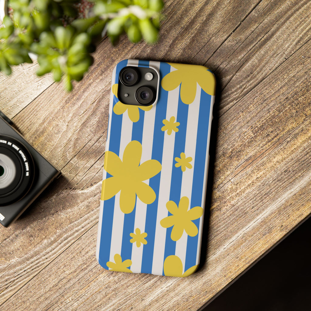 Retro Blue Stripes with Yellow Flower Pattern