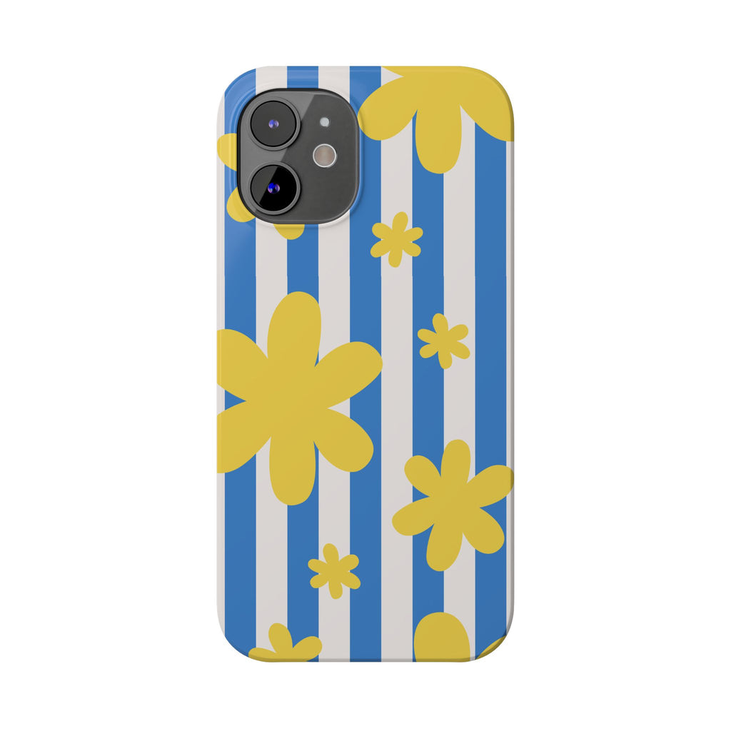 Retro Blue Stripes with Yellow Flower Pattern