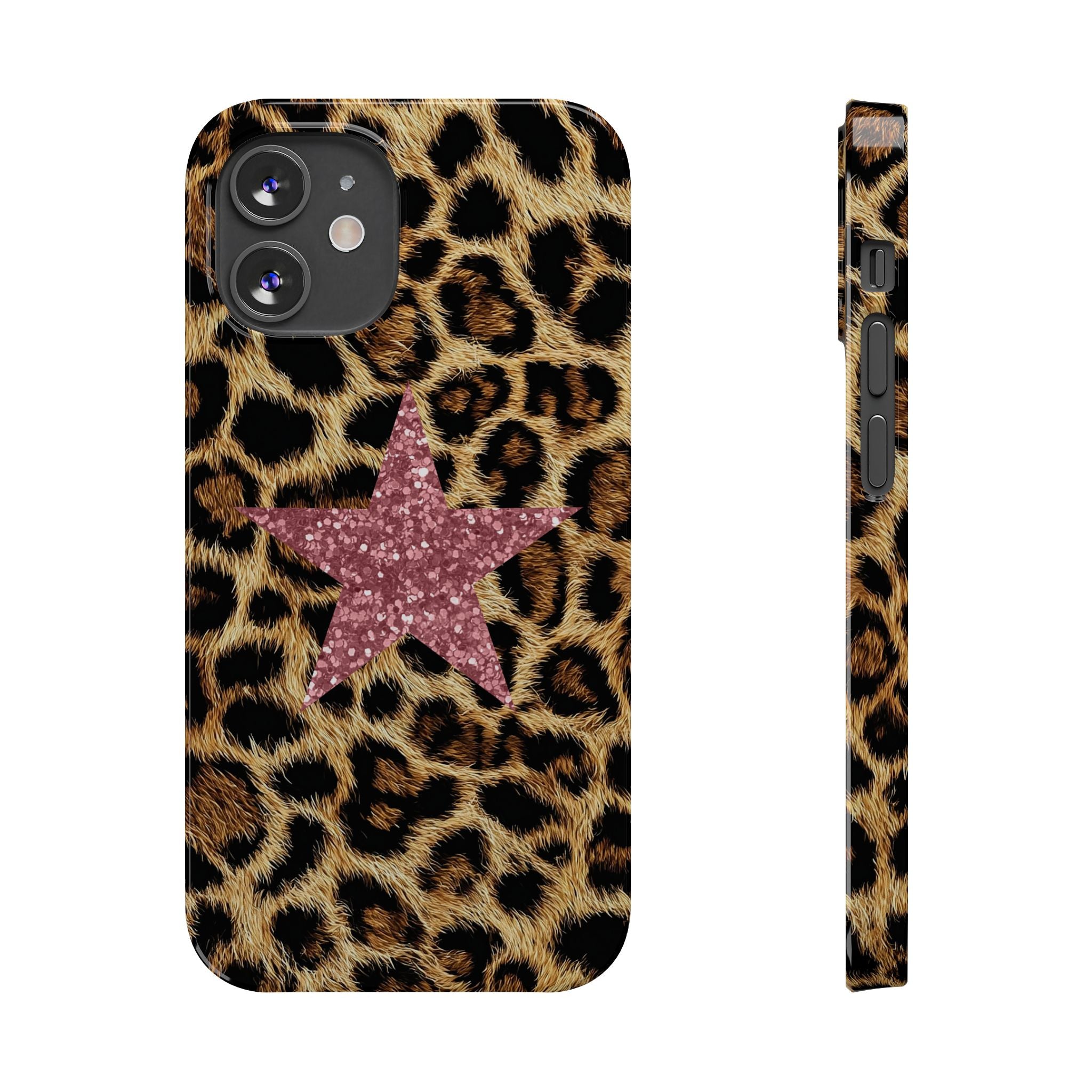Leopard Print Slim Phone Case with Pink Glitter Star — Chic Animal Print Protective Cover