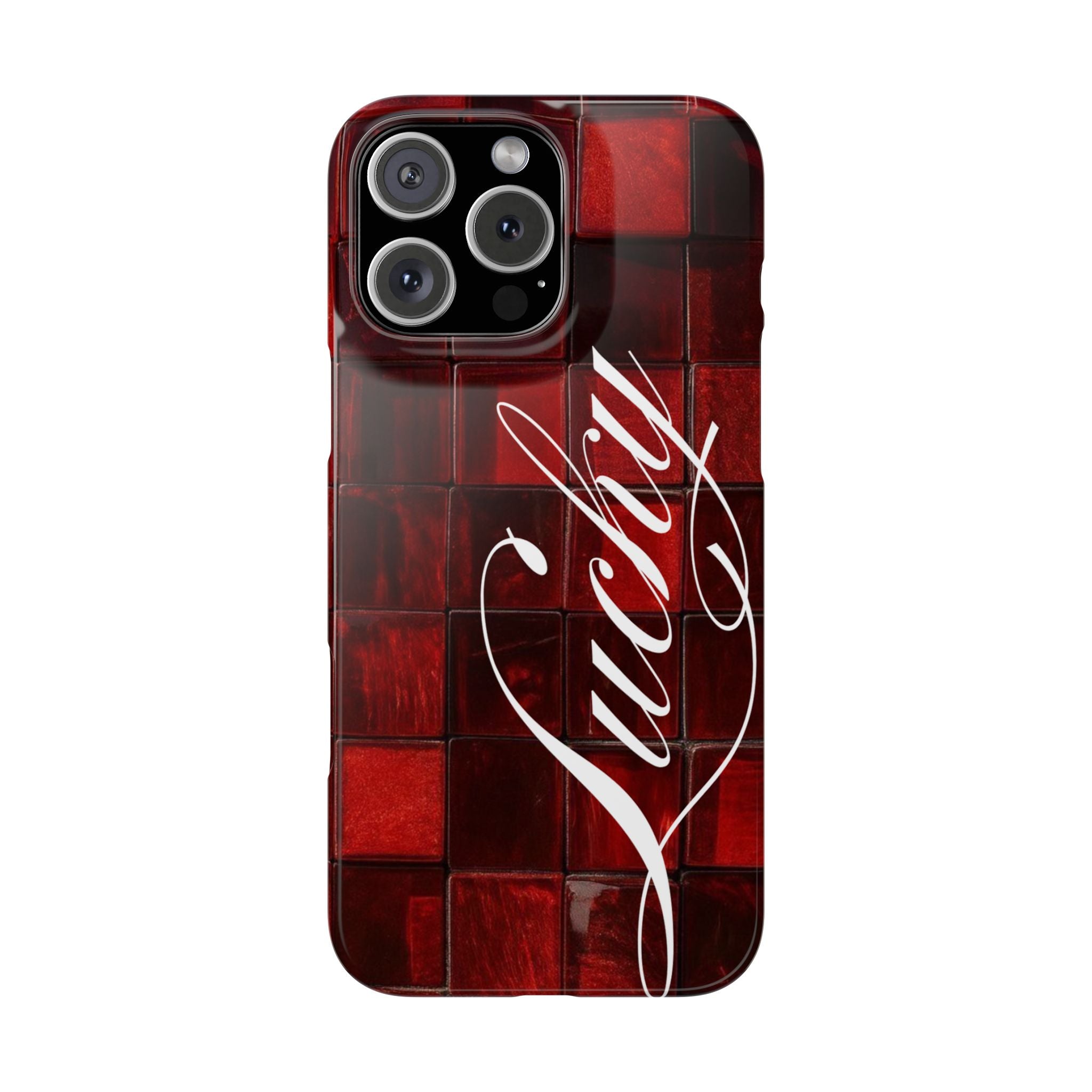 Red Mosaic 'Lucky' Slim Phone Case — Stylish Script Protective Cover