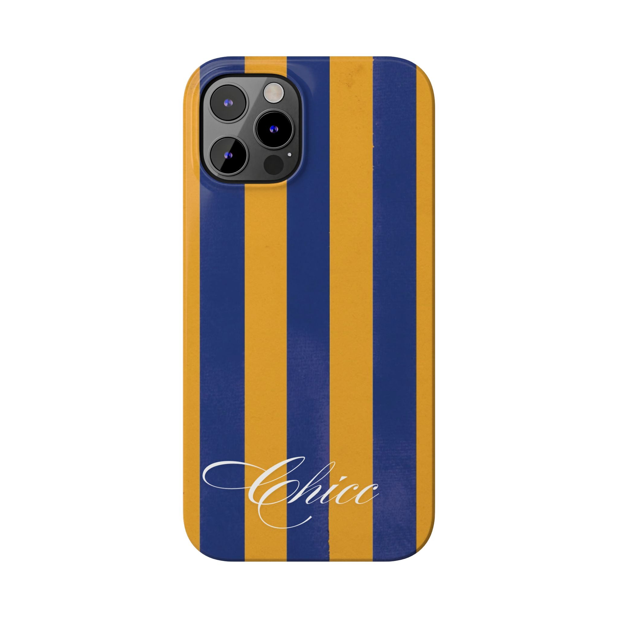 Striped Navy & Gold Slim Phone Case — "Chicc" Script Accent