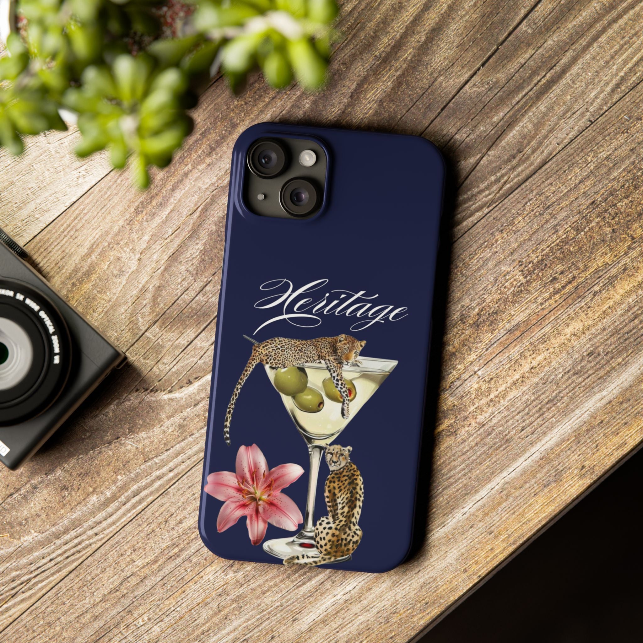 Heritage Cheetah Martini Slim Phone Case — Floral Cocktail Design