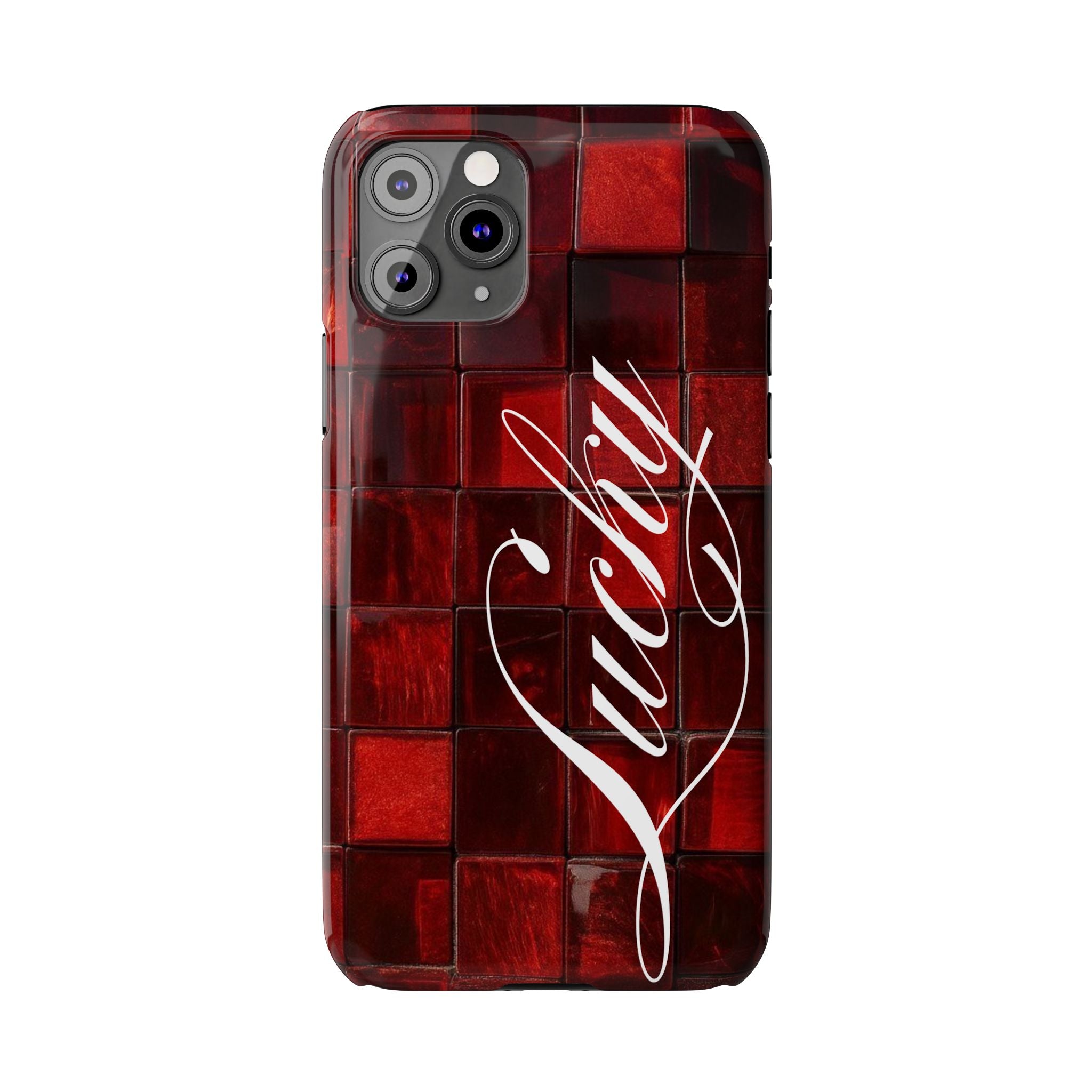 Red Mosaic 'Lucky' Slim Phone Case — Stylish Script Protective Cover