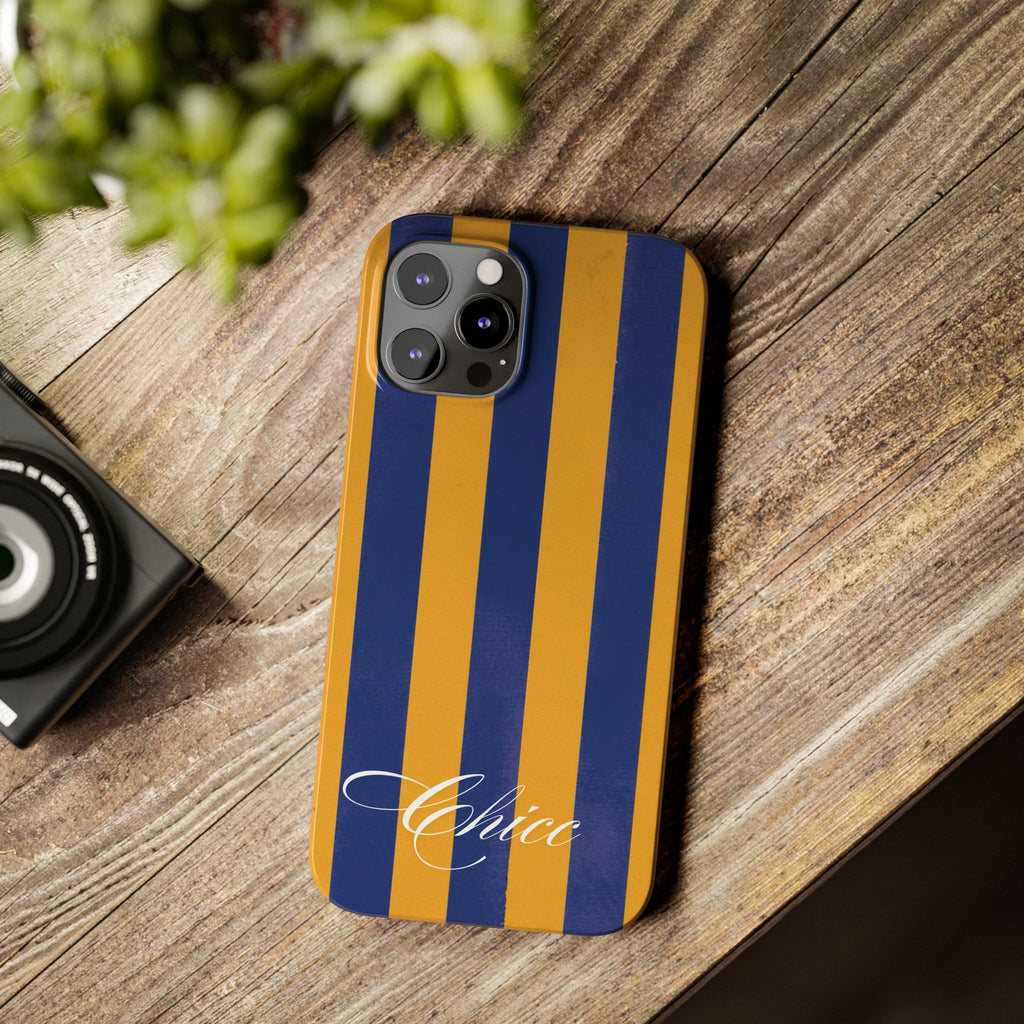 Striped Navy & Gold Slim Phone Case — "Chicc" Script Accent