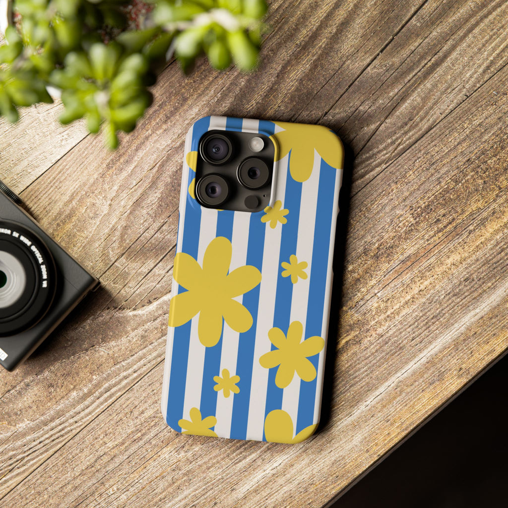 Retro Blue Stripes with Yellow Flower Pattern
