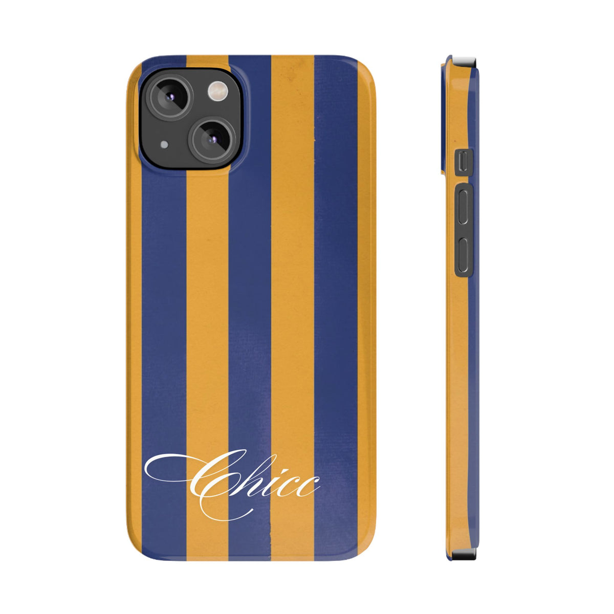 Striped Navy & Gold Slim Phone Case — "Chicc" Script Accent