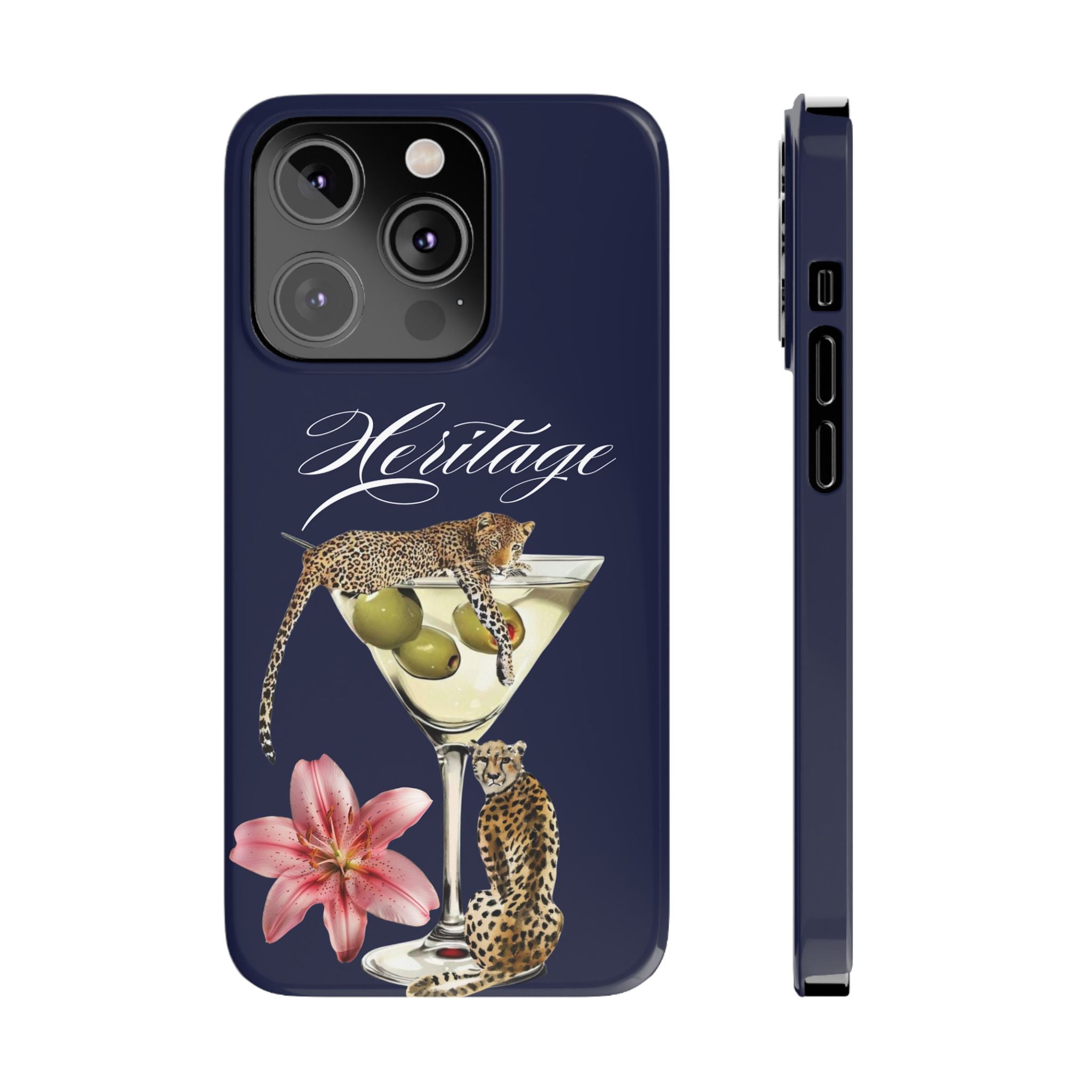 Heritage Cheetah Martini Slim Phone Case — Floral Cocktail Design