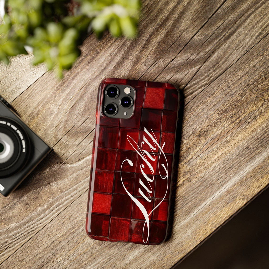 Red Mosaic 'Lucky' Slim Phone Case — Stylish Script Protective Cover