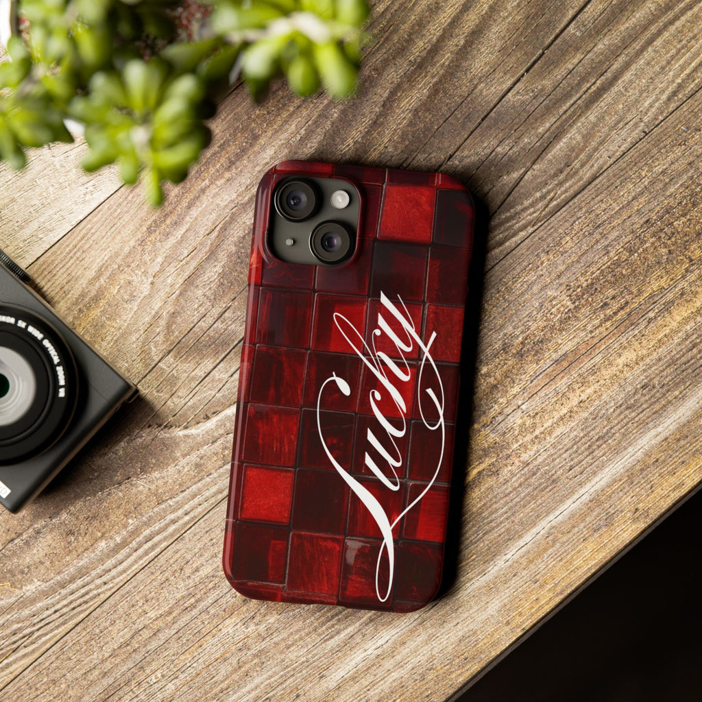 Red Mosaic 'Lucky' Slim Phone Case — Stylish Script Protective Cover