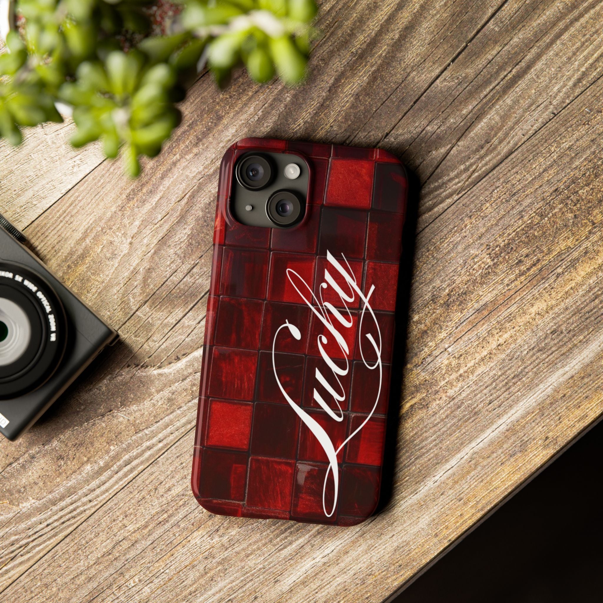 Red Mosaic 'Lucky' Slim Phone Case — Stylish Script Protective Cover