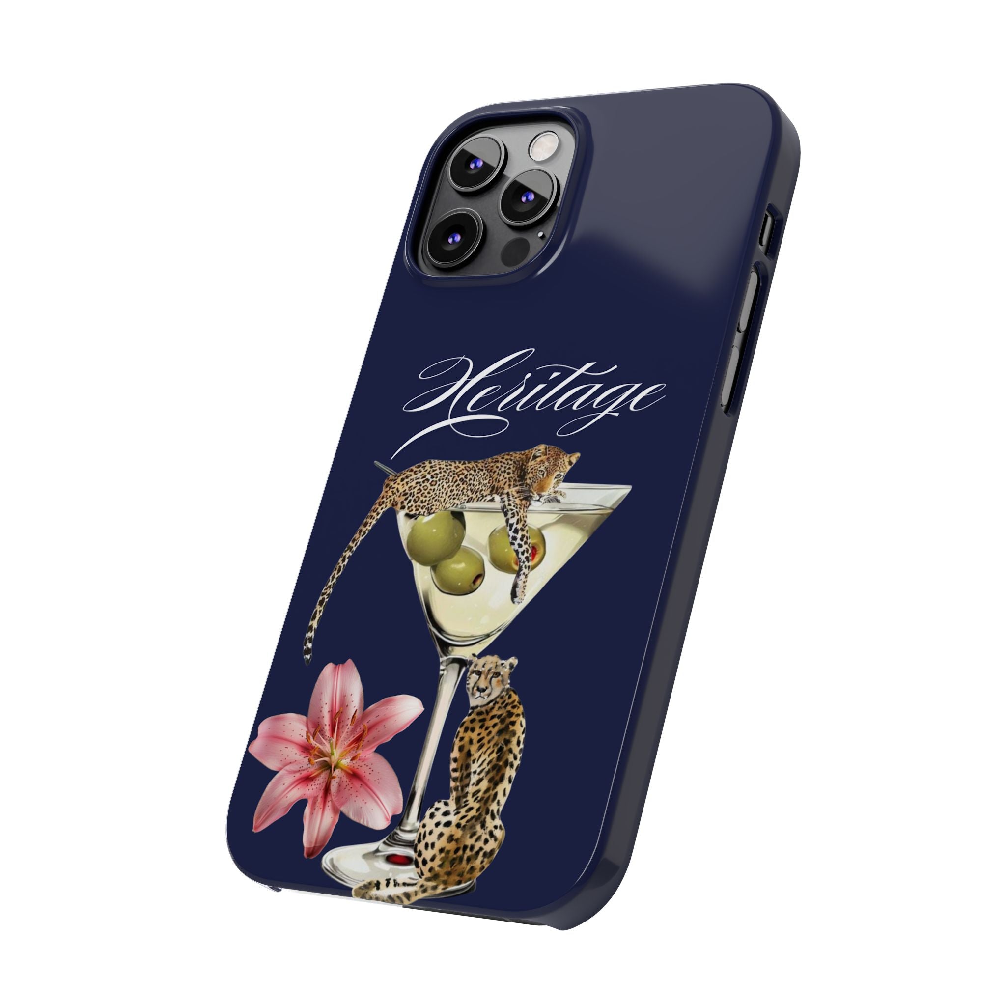 Heritage Cheetah Martini Slim Phone Case — Floral Cocktail Design
