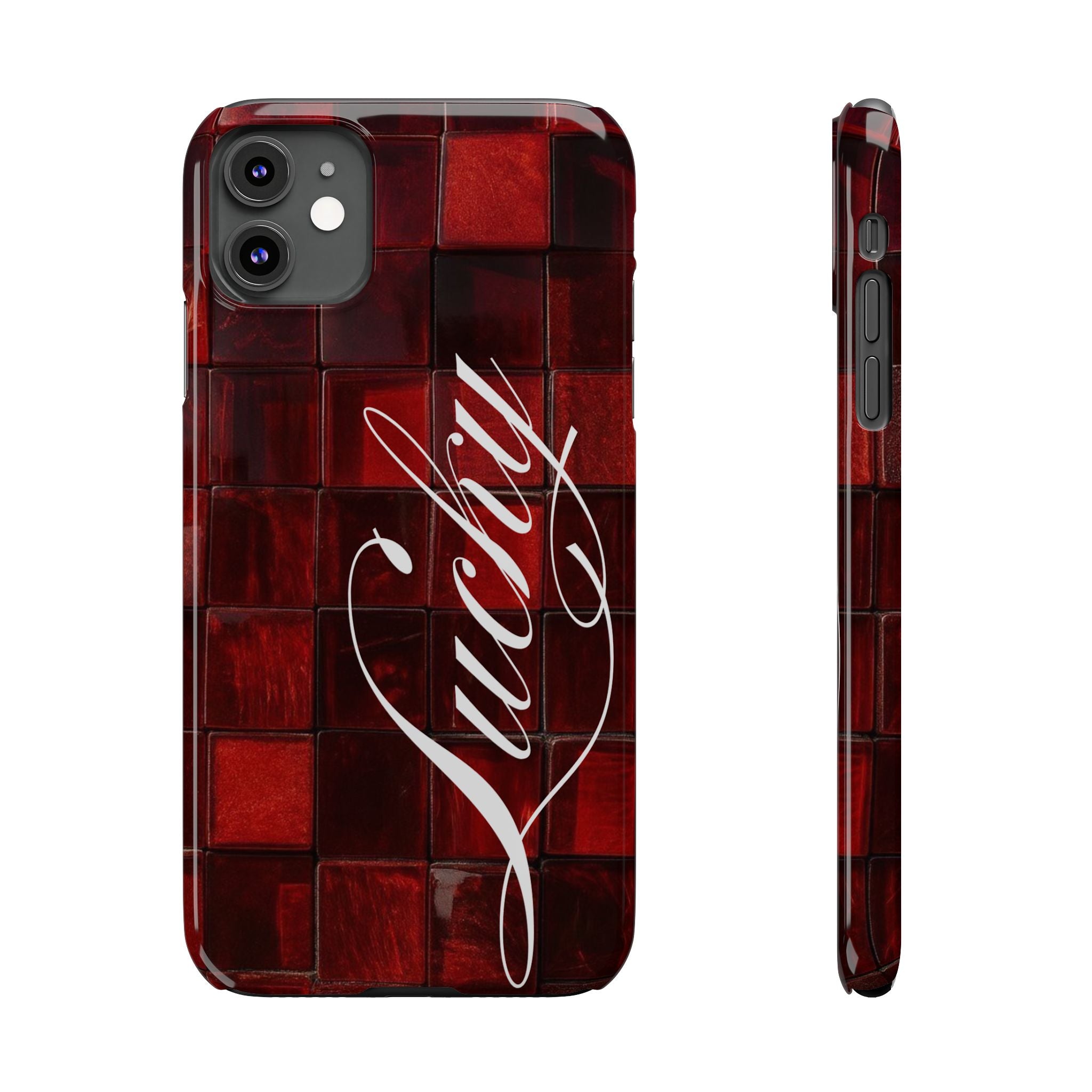 Red Mosaic 'Lucky' Slim Phone Case — Stylish Script Protective Cover